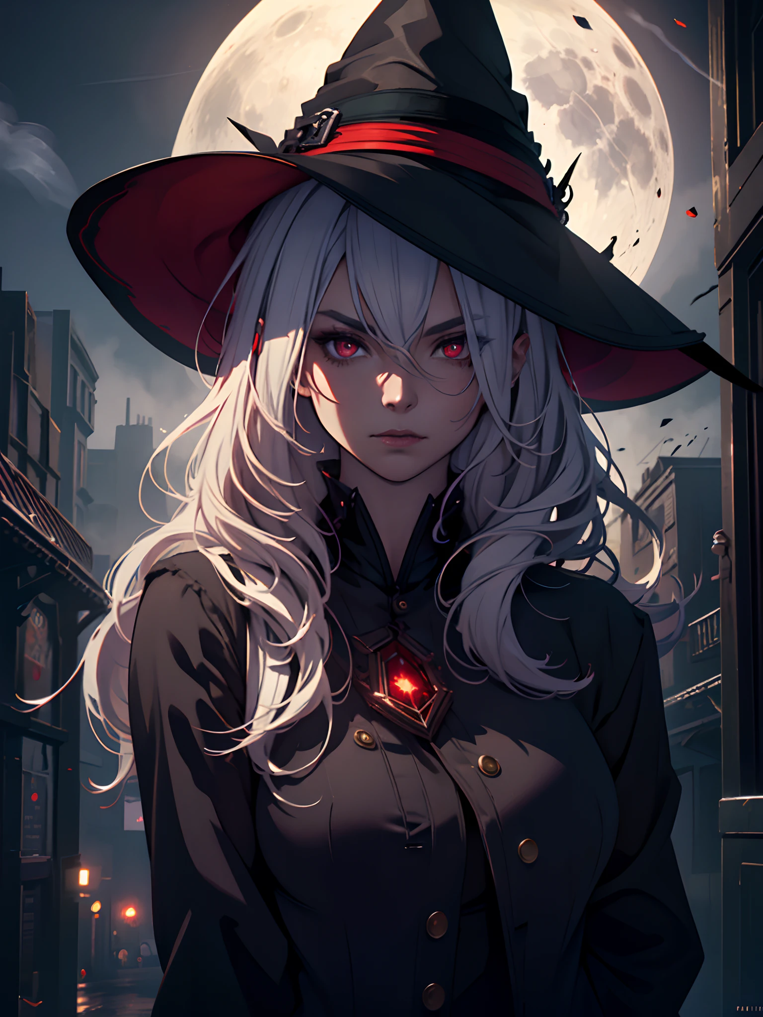 (best quality,ultra-detailed),red vibrant eyes,white hair,young mature,witch,colored smoke,night background,full moon,dark atmosphere,sharp focus,concept artist,portrait,dramatic lighting