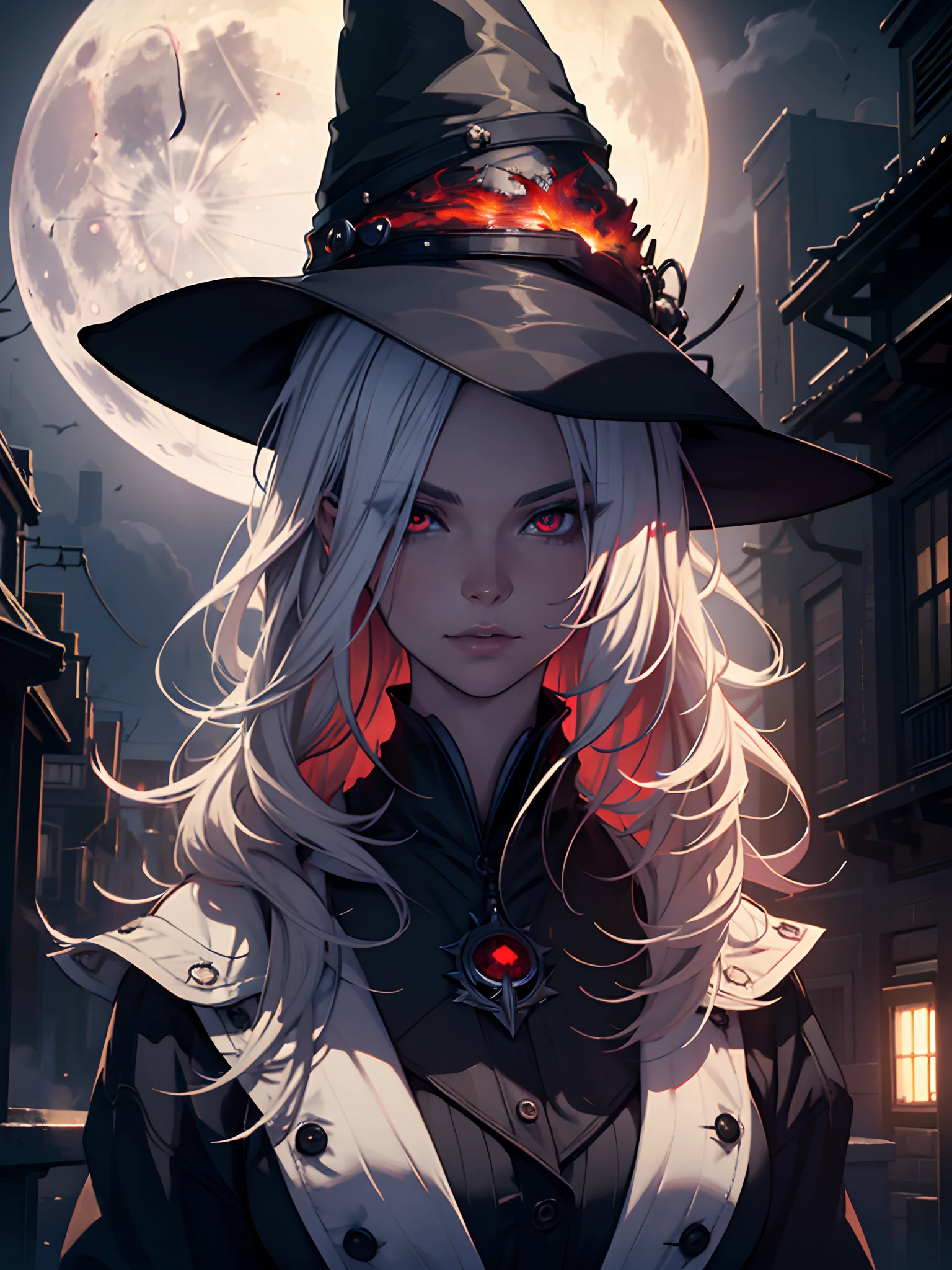 (best quality,ultra-detailed),red vibrant eyes,white hair,young mature,witch,colored smoke,night background,full moon,dark atmosphere,sharp focus,concept artist,portrait,dramatic lighting