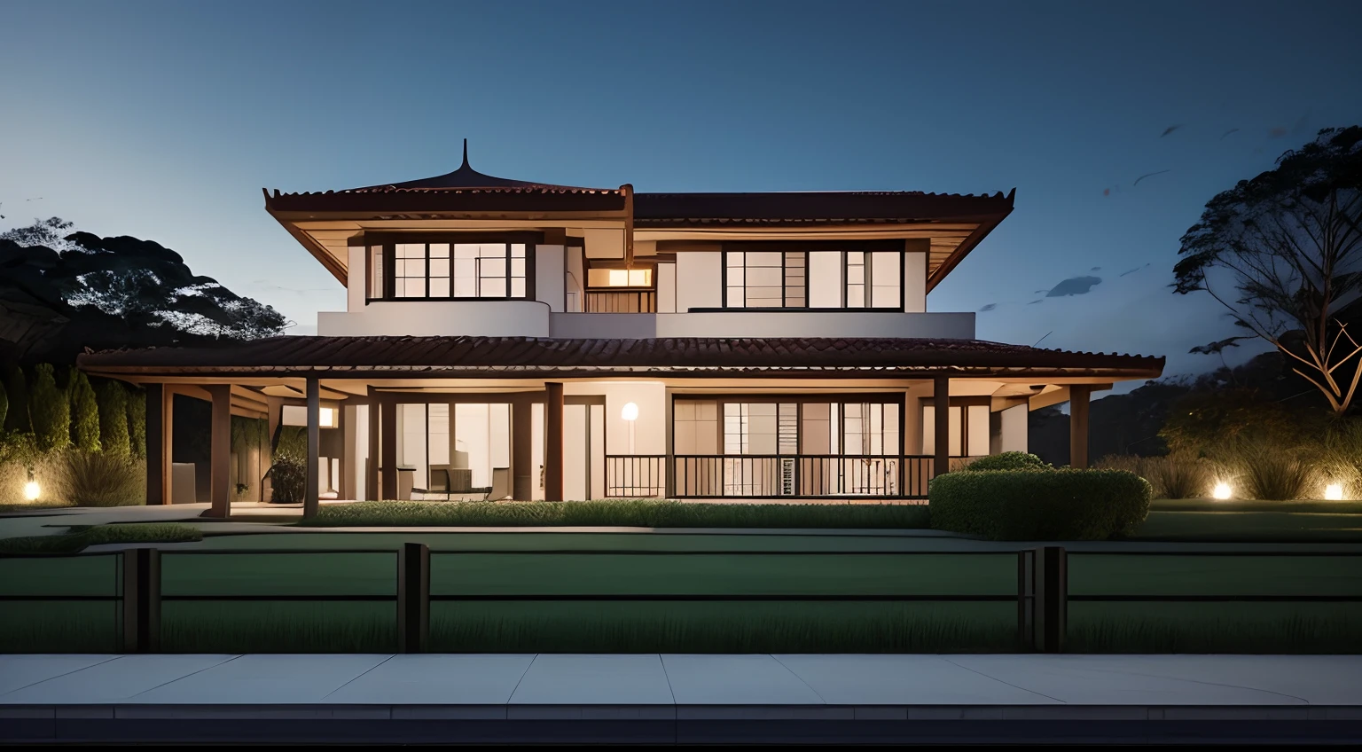 casa grande no campo, Vista externa frontal, (Um andar), ((Estilo moderno)), No meio da floresta, rodeada de campo gramado,muito detalhado, melhor qualidade, muita detalhado,Lumion Pro Rendering, night ligthning, cinematic quality