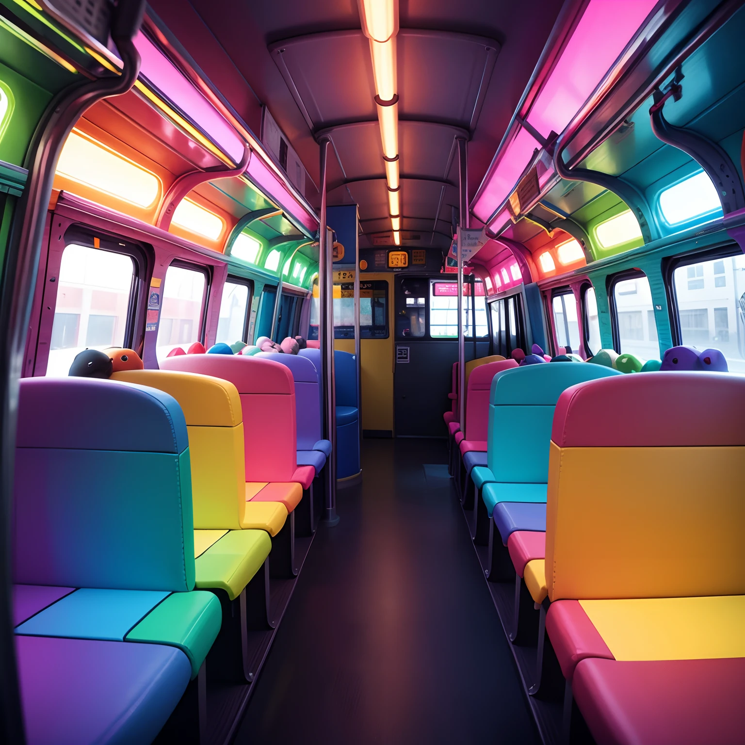 Colorful stuffed animals　buses　neons　Colorful lights