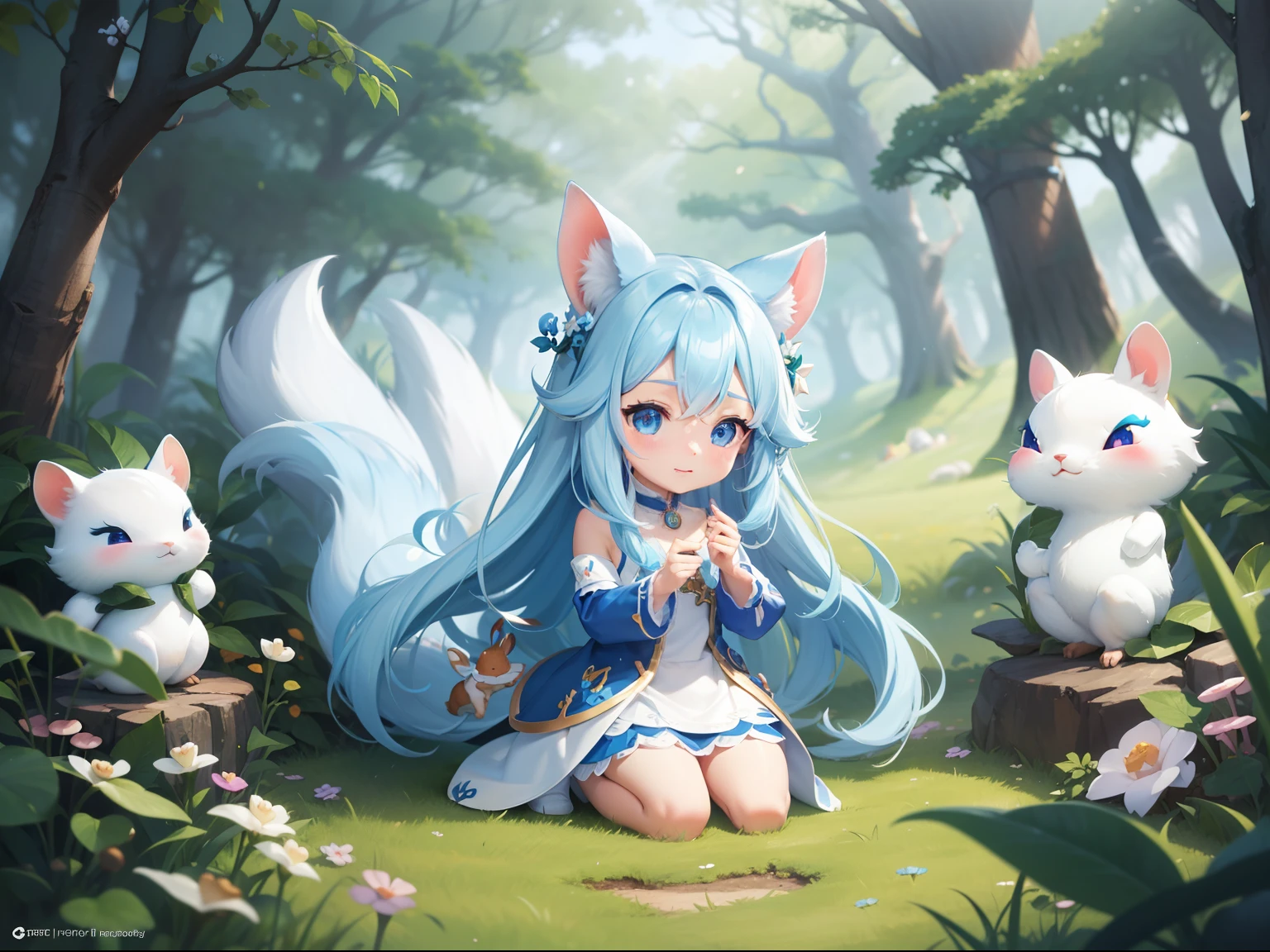 In the forest、There is a small white rabbit with long ears,  White long ears、I'm with a pretty girl with long blue hair。It is a cute costume in white and blue。Dark eyes。cute forest creature, Cute mushrooms also grow、Adorable Digital Painting, cute detailed digital art, the squirrel king, Cute digital art, cute cartoon characters, cute character, CuteCreatures, Cutie, official illustrations, Official art, squirrel, maplestory mouse, astri lohne,  cute 3d render