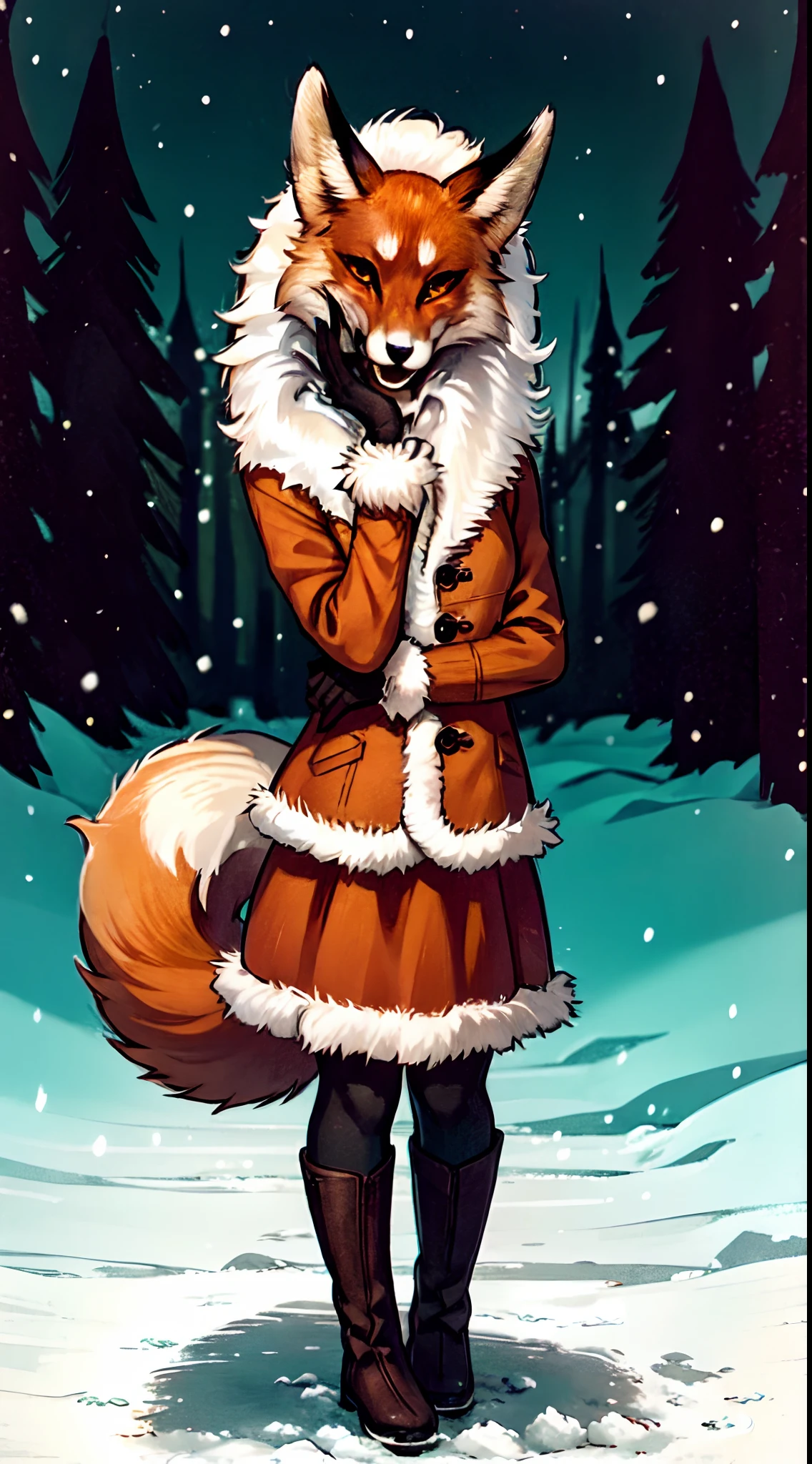 Alice, 独奏, 1 girl, animal ears, Color: Red, Orange, female focus, 1 fox tail, Red tail of the best quality, exteriors, fur collar, Orange skirt with fur trim, black stockings, joyful face, Detailed background, black gloves, Furry, Orange clothing with fur trim, Orange sleeves with fur trim, Orange fur coat with fur trim, Fox ears of the best quality, 1 girl, 独奏, Focus Photo, blusher, looking a viewer, winter, the night, nightfall, snowfall, snowflakes, detailed yellow eyes, Detailed beautiful yellow eyes, detailized face, detailed hands and fingers, High-quality hands and fingers, Perfect anatomy of the body, Perfect posture, Perfect anatomy of the hand, Perfect finger anatomy, skinny waist, winter boots, beste-Qualit, in detail ,high-resolution illustration, Cute, canny smile, blusher, Vulgar girl, A thin, soft, Beautiful and detailed portrait, 8K, HDR, Excellent quality, higly detailed, Detailed fur, ((tail correct position)), handsome girl, In a snow-covered dark forest, among the trees, Winter forest landscape, Eyes of detail, 电影灯光