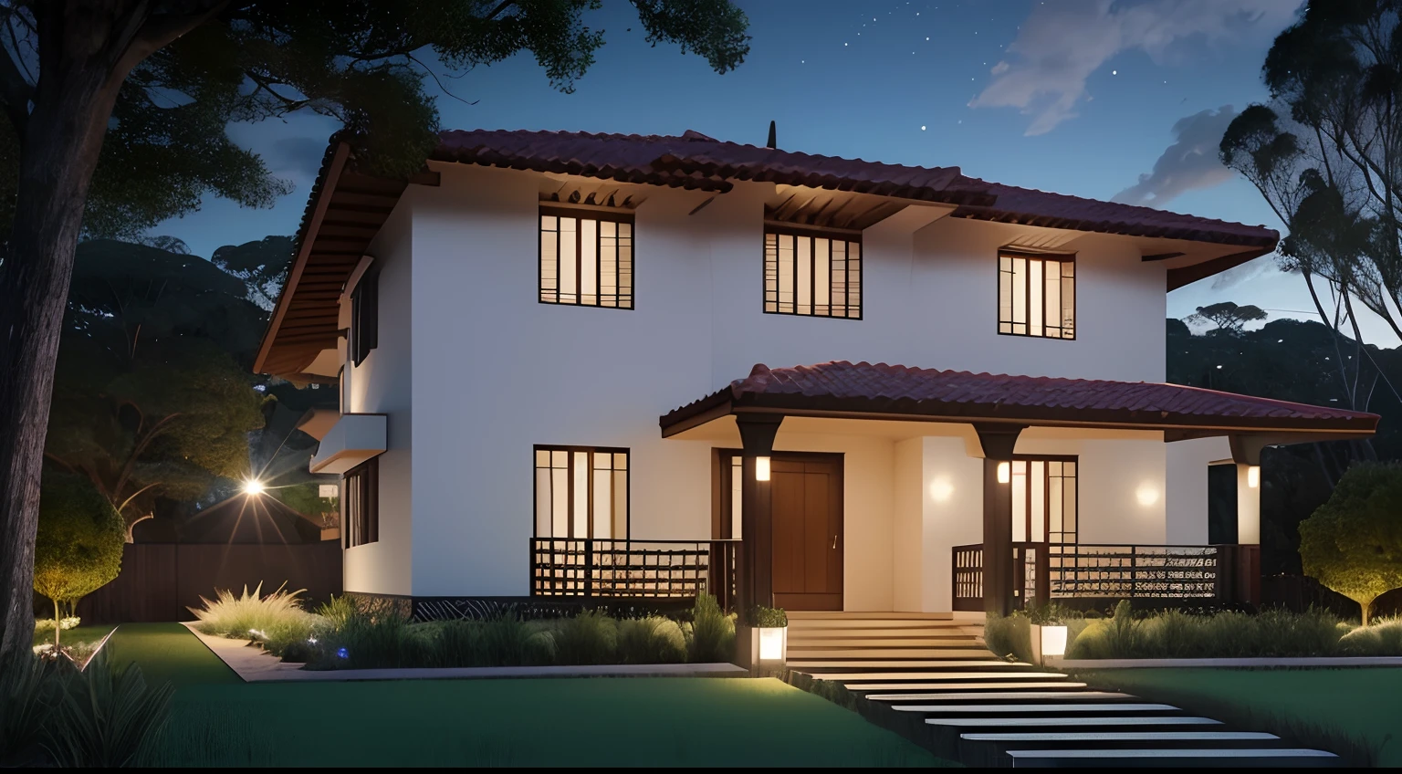 casa grande no campo, Vista externa frontal, (Um andar), ((Estilo moderno)), No meio da floresta, rodeada de campo gramado,muito detalhado, melhor qualidade, muita detalhado,Lumion Pro Rendering, night ligthning, cinematic quality