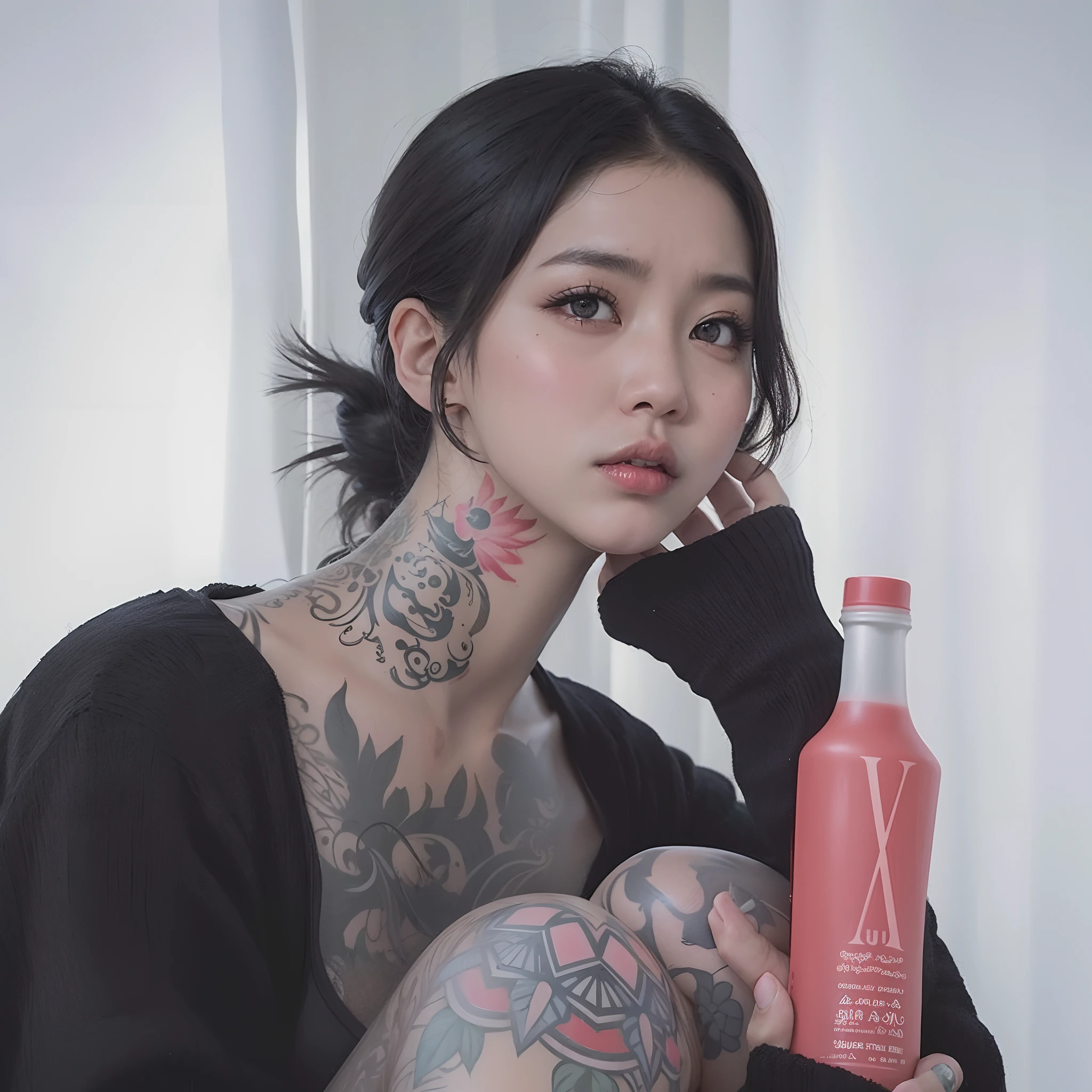 mulher arafed com tatuagens segurando uma garrafa de suco, de menina taiwanesa com tatuagens, inspirado em Yanjun Cheng, menina coreana, Ulzzang, 🤤 retrato da menina, Mulher sul-coreana bonita, yakuza menina magra, Estilo de tatuagem, Coberto, Mulher coreana, cruel korean goth girl, Aesthetic portraiture, hyper realism aesthetic, Tatuado, Directed by: Russell Dongjun Lu, por Yang J