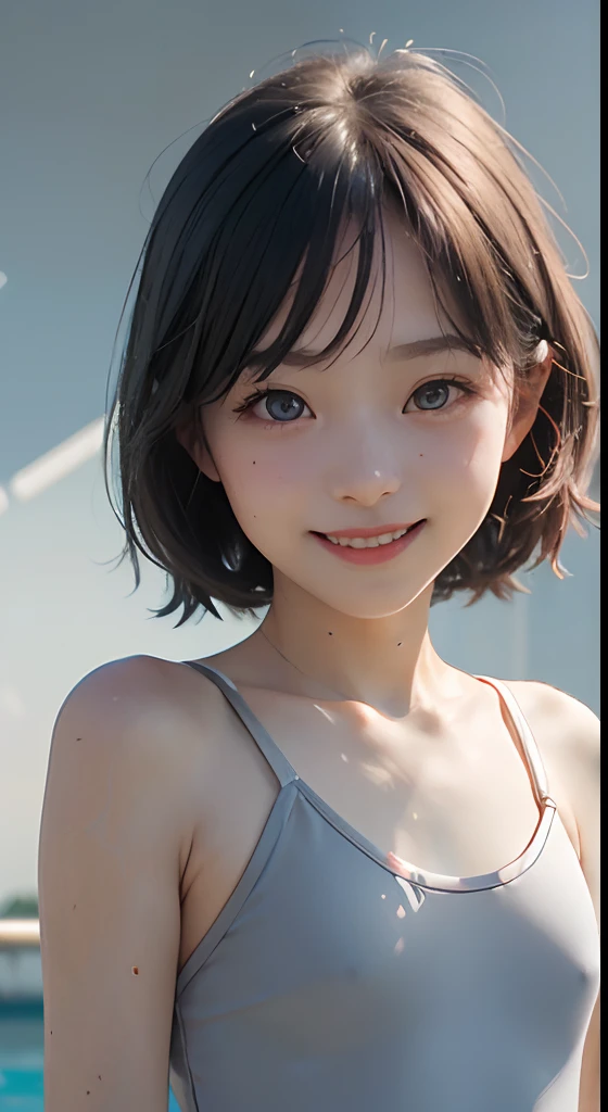 masutepiece, Best Quality, 8K, 、8 , ((small tits、small and flat chest))、((big eye))、Tear bag、 ((Gray background))、soft light rays、Raw photo, absurderes, ((With smiling eyes、ssmile)), ((Opening Mouth)),((Loli face:1.8))、((The upper part of the body))、((Young Face)),((bobhair)),Solo, Daytime, ((Idol face:.1.7)), ((Delicate girl)),(( School swim wear,onepiece swimsuit))、((Competitive Swimwear)),Digital SLR, ((Looking at Viewer)), Candid, Sophisticated, Thin arms, soft light rays、Professional Lighting, Film grain, chromatic abberation, (Eyes and faces with detailed:1.5), (Bokeh:1.1)