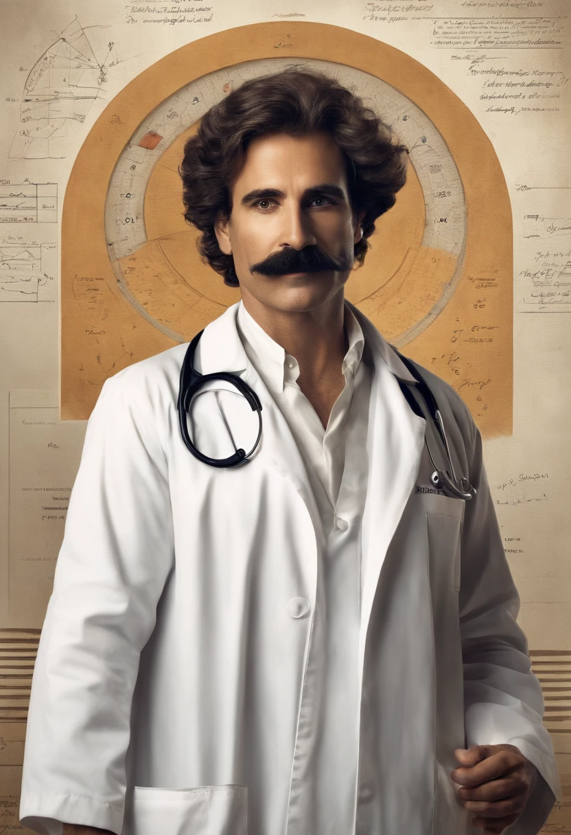 (Rosto superdetalhado, realistic lighting, vivid colors, High resolution painting:1.1), genie, physics, quadro-negro, messy hair, olhar intenso, Iconic pose, velho, White lab coat, Iconic mustache, rugas profundas, olhos penetrantes, wise expression, Scientific equations, Historical Figure, Mathematical formulas, Resumo Antecedentes, scientific discovery, revolutionary scientist