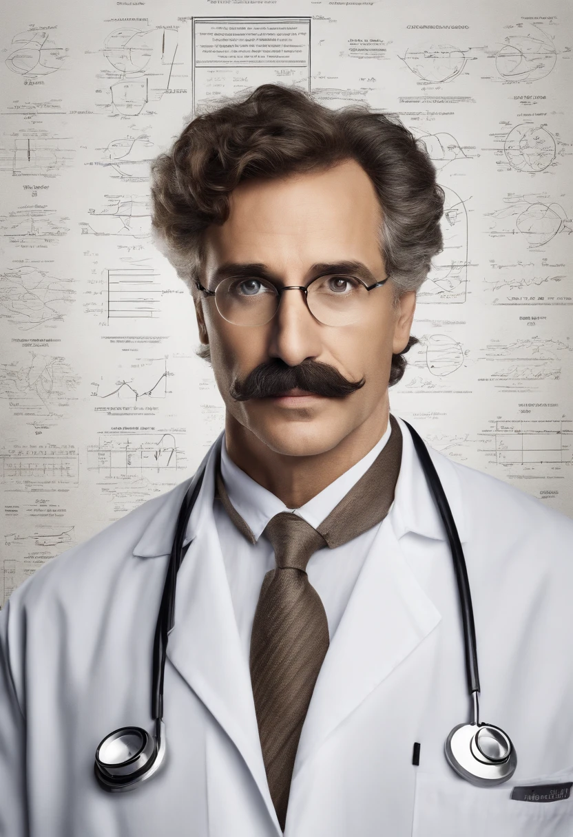 (Rosto superdetalhado, realistic lighting, vivid colors, High resolution painting:1.1), genie, physics, quadro-negro, messy hair, olhar intenso, Iconic pose, velho, White lab coat, Iconic mustache, rugas profundas, olhos penetrantes, wise expression, Scientific equations, Historical Figure, Mathematical formulas, Resumo Antecedentes, scientific discovery, revolutionary scientist