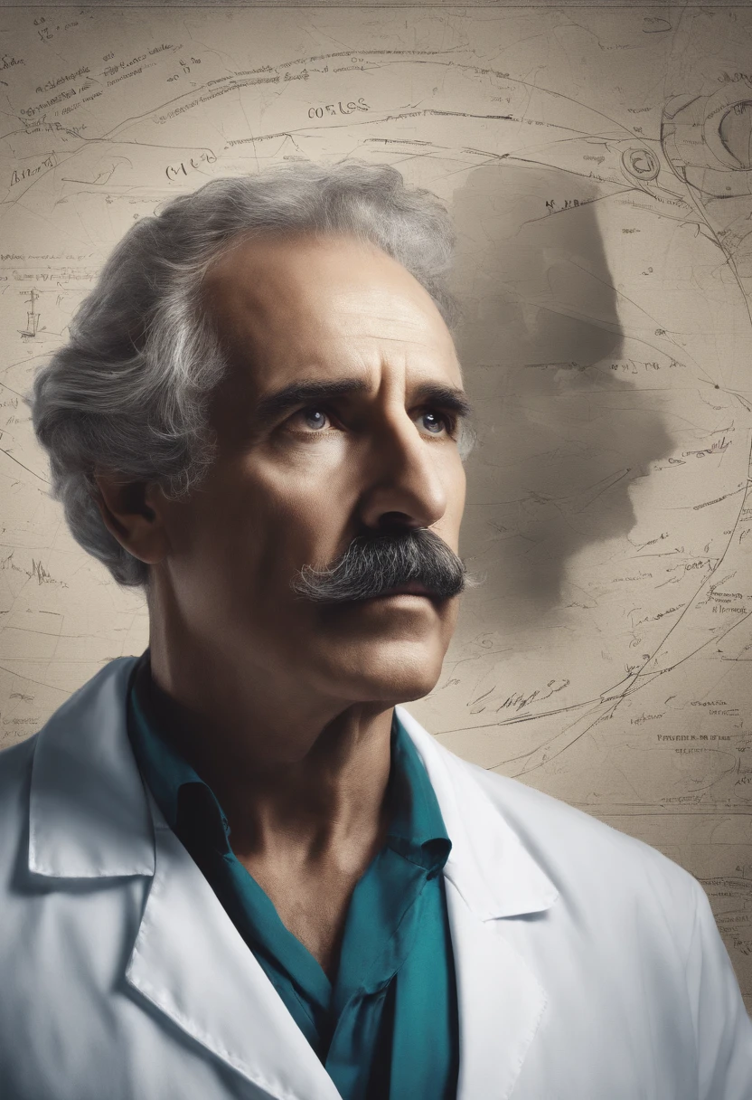 (Rosto superdetalhado, realistic lighting, vivid colors, High resolution painting:1.1), genie, physics, quadro-negro, messy hair, olhar intenso, Iconic pose, velho, White lab coat, Iconic mustache, rugas profundas, olhos penetrantes, wise expression, Scientific equations, Historical Figure, Mathematical formulas, Resumo Antecedentes, scientific discovery, revolutionary scientist