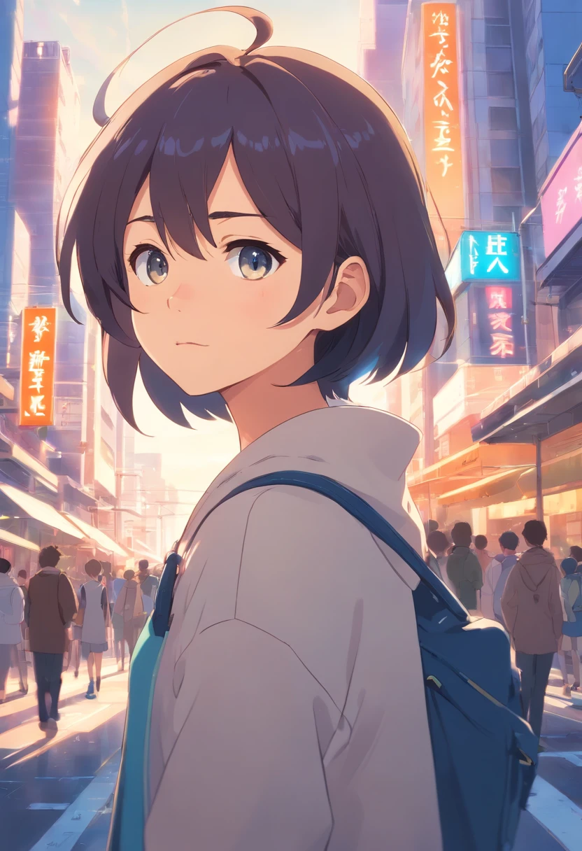 Um , transformado em um estilo anime, with exaggerated facial features and unique clothing, Standing on a busy city street, fundo retroiluminado destacando o assunto, cores de alto contraste, High-definition 8K quality, jovem, sorridente, bonito