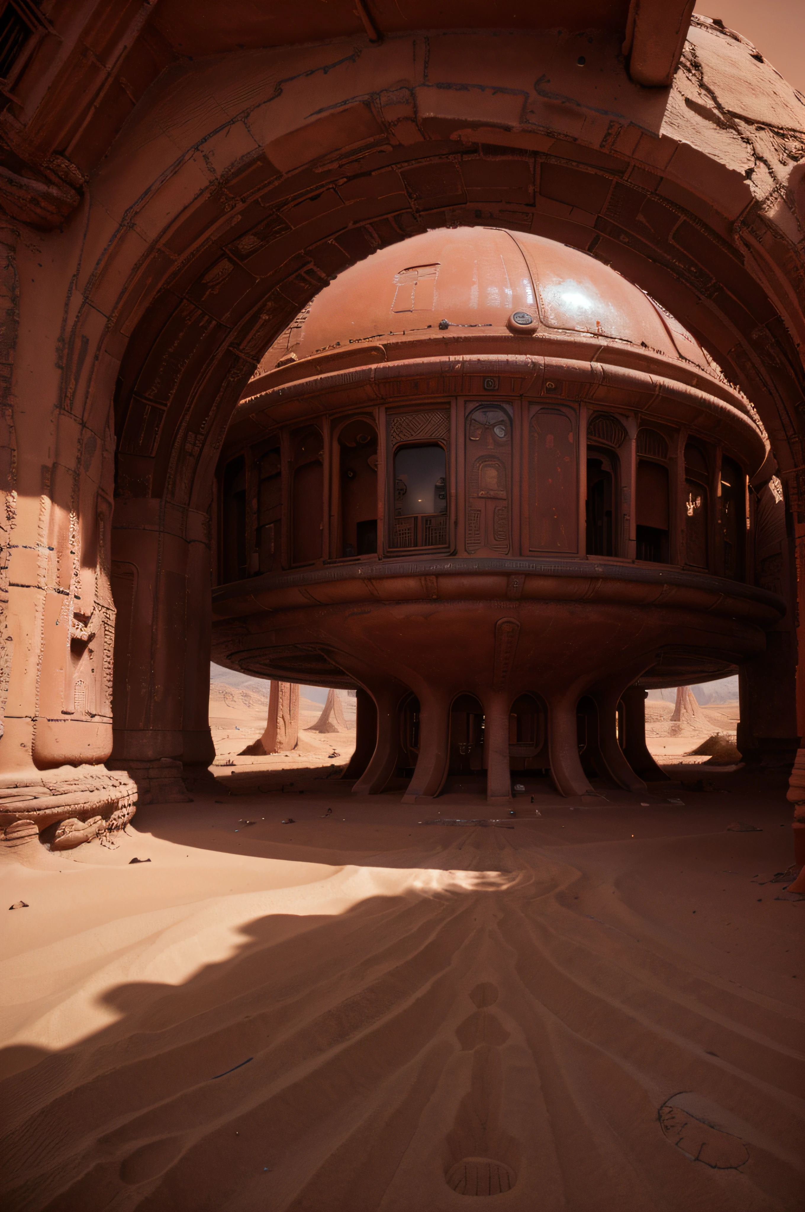 best quality,highres,ultra-detailed,extremely detailed architectural precision,red sand,alien antiquated city on Mars,realistic,masterpiece,sci-fi,red hues,surreal lighting,ancient extraterrestrial civilization,desert landscape,curved domes,utopian futuristic design,crimson atmosphere,ominous shadows,artificial canals,abandoned structures,vivid colors,extraterrestrial architecture,astronomical wonders,otherworldly masterpiece