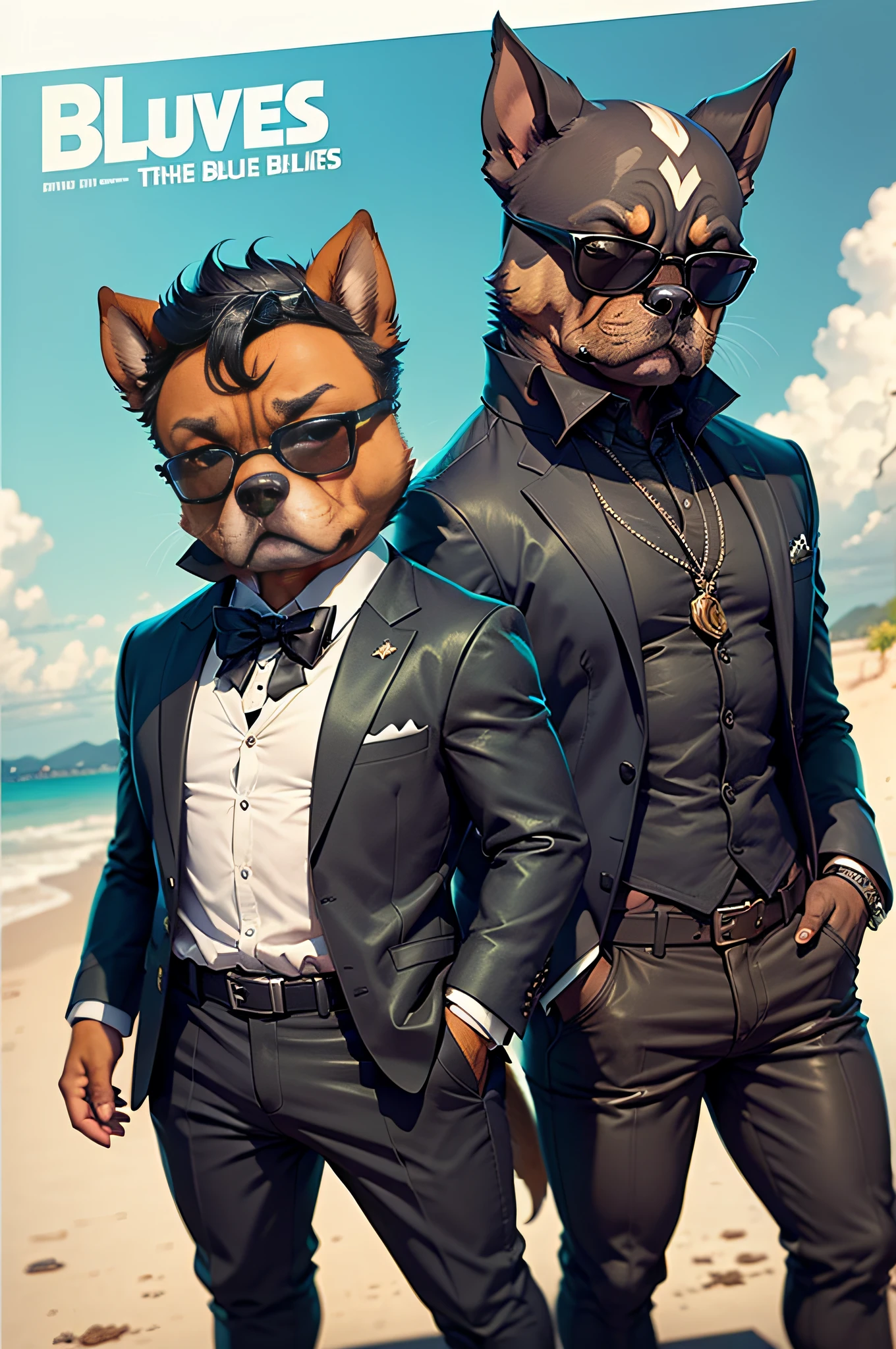 Black Suit from the movie Blues Brothers、Cartoon wearing sunglasses、Anthropomorphic dogs２bolt（Bulldog and Doberman）