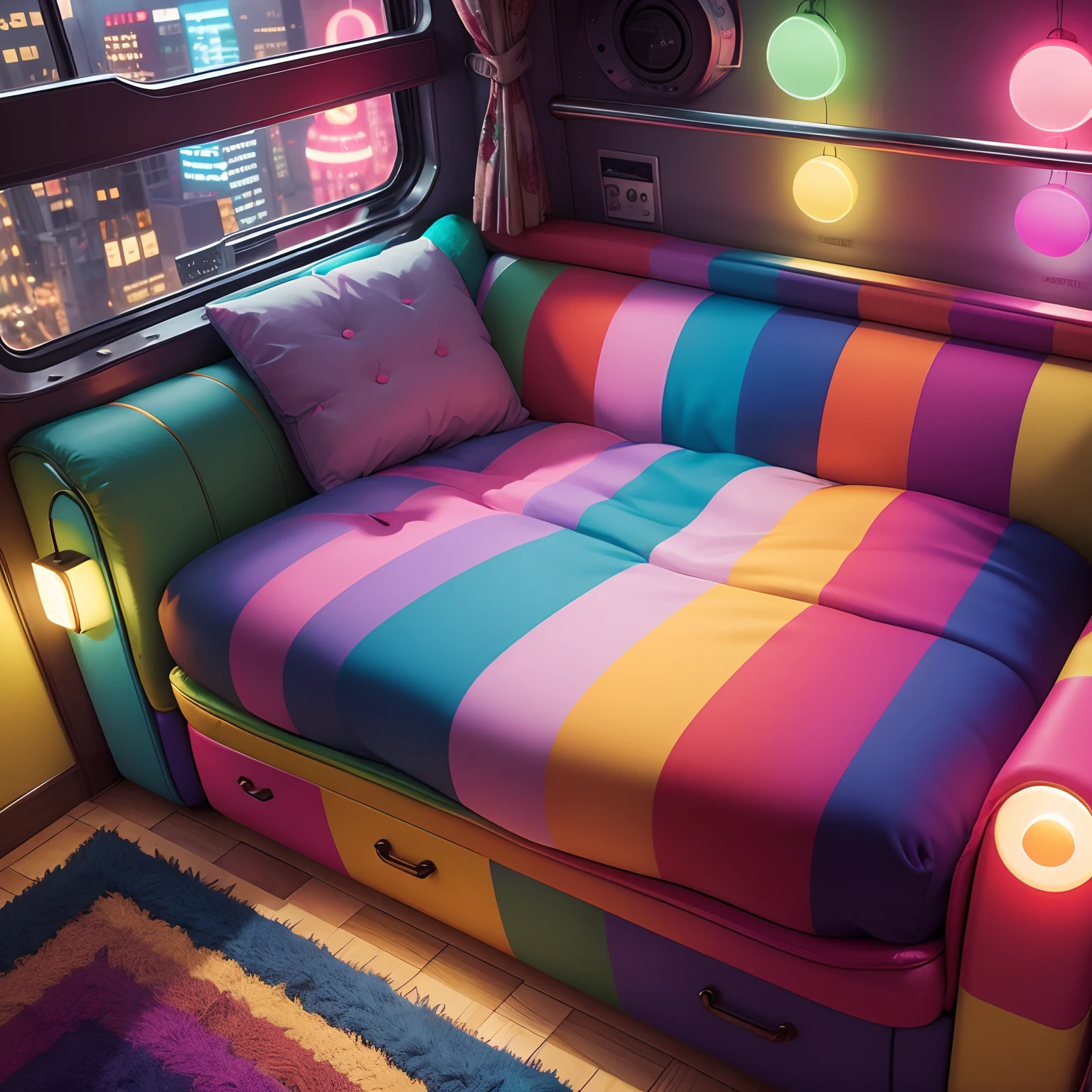 Colorful stuffed sofa　buses　Colorful lights