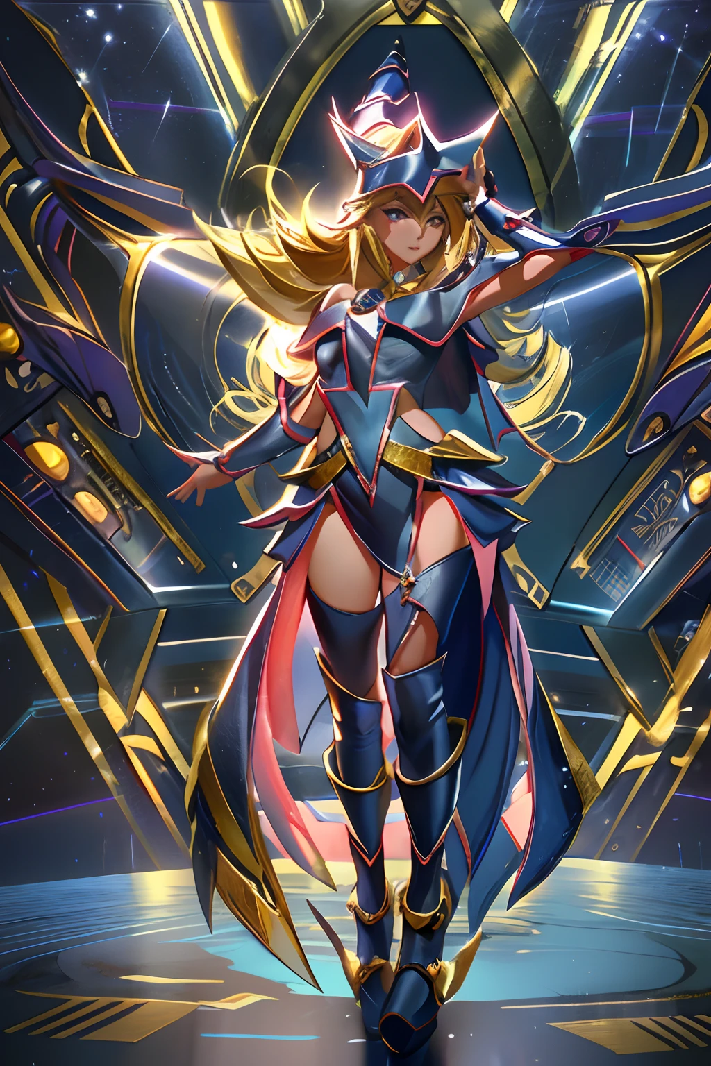 ultra-detailed, extremely detailed, masterpiece, highest quality, best quality, absurdres, highres, dark magician girl, (1girl:1.2), solo, detailed face, dynamic pose, hair flow, (full body:1.1),  blonde hair, long hair, looking at viewer, green eyes, skindentation, detailed skin, skin pores, (shiny skin, glossy skin:1.1), rosy skin details, breasts, nail polish, skirt, blue footwear, blue headwear, wizard hat, wand, holding hat, (blue panties:0.9), (summoning circle:1.1), hexagram, pentacle, pentagram, yu-gi-oh!, duel monster, purple magic field, glow, detailed background, intricate background,