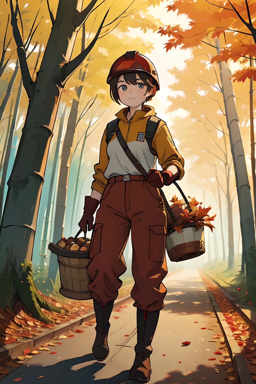 (masterpiece), best quality, expressive eyes, perfect face, A short-haired girl wearing a red jersey, a safety helmet, pants tucked into her boots, and work gloves is walking in a thicket during the day, carrying a large bamboo basket on her back and holding tongs in her hands. They are happily picking up chestnuts at their feet, and there are many fallen chestnuts on the ground at their feet, and the surrounding trees are starting to turn a little red, showing the colors of autumn.Some of the trees are green, some are red. It is also yellow and shows various indications,