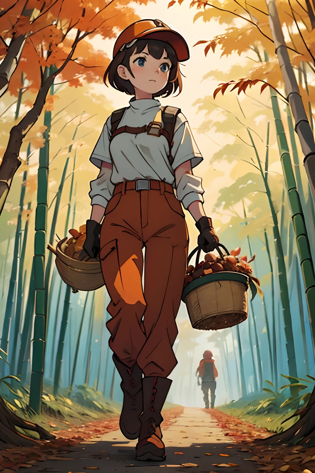 (masterpiece), best quality, expressive eyes, perfect face, A short-haired girl wearing a red jersey, a safety helmet, pants tucked into her boots, and work gloves is walking in a thicket during the day, carrying a large bamboo basket on her back and holding tongs in her hands. They are happily picking up chestnuts at their feet, and there are many fallen chestnuts on the ground at their feet, and the surrounding trees are starting to turn a little red, showing the colors of autumn.Some of the trees are green, some are red. It is also yellow and shows various indications,