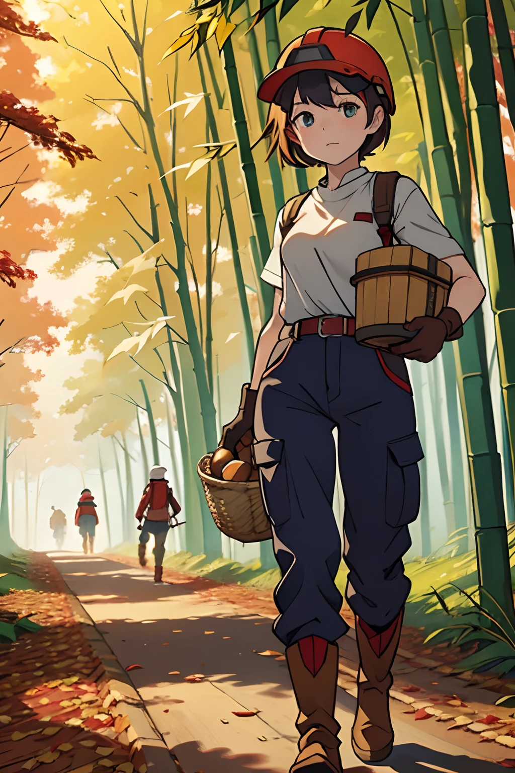 (masterpiece), best quality, expressive eyes, perfect face, A short-haired girl wearing a red jersey, a safety helmet, pants tucked into her boots, and work gloves is walking in a thicket during the day, carrying a large bamboo basket on her back and holding tongs in her hands. They are happily picking up chestnuts at their feet, and there are many fallen chestnuts on the ground at their feet, and the surrounding trees are starting to turn a little red, showing the colors of autumn.Some of the trees are green, some are red. It is also yellow and shows various indications,