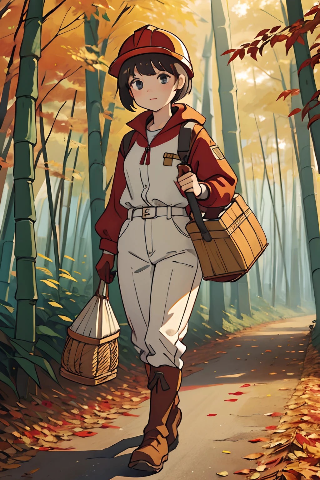 (masterpiece), best quality, expressive eyes, perfect face, A short-haired girl wearing a red jersey, a safety helmet, pants tucked into her boots, and work gloves is walking in a thicket during the day, carrying a large bamboo basket on her back and holding tongs in her hands. They are happily picking up chestnuts at their feet, and there are many fallen chestnuts on the ground at their feet, and the surrounding trees are starting to turn a little red, showing the colors of autumn.Some of the trees are green, some are red. It is also yellow and shows various indications,