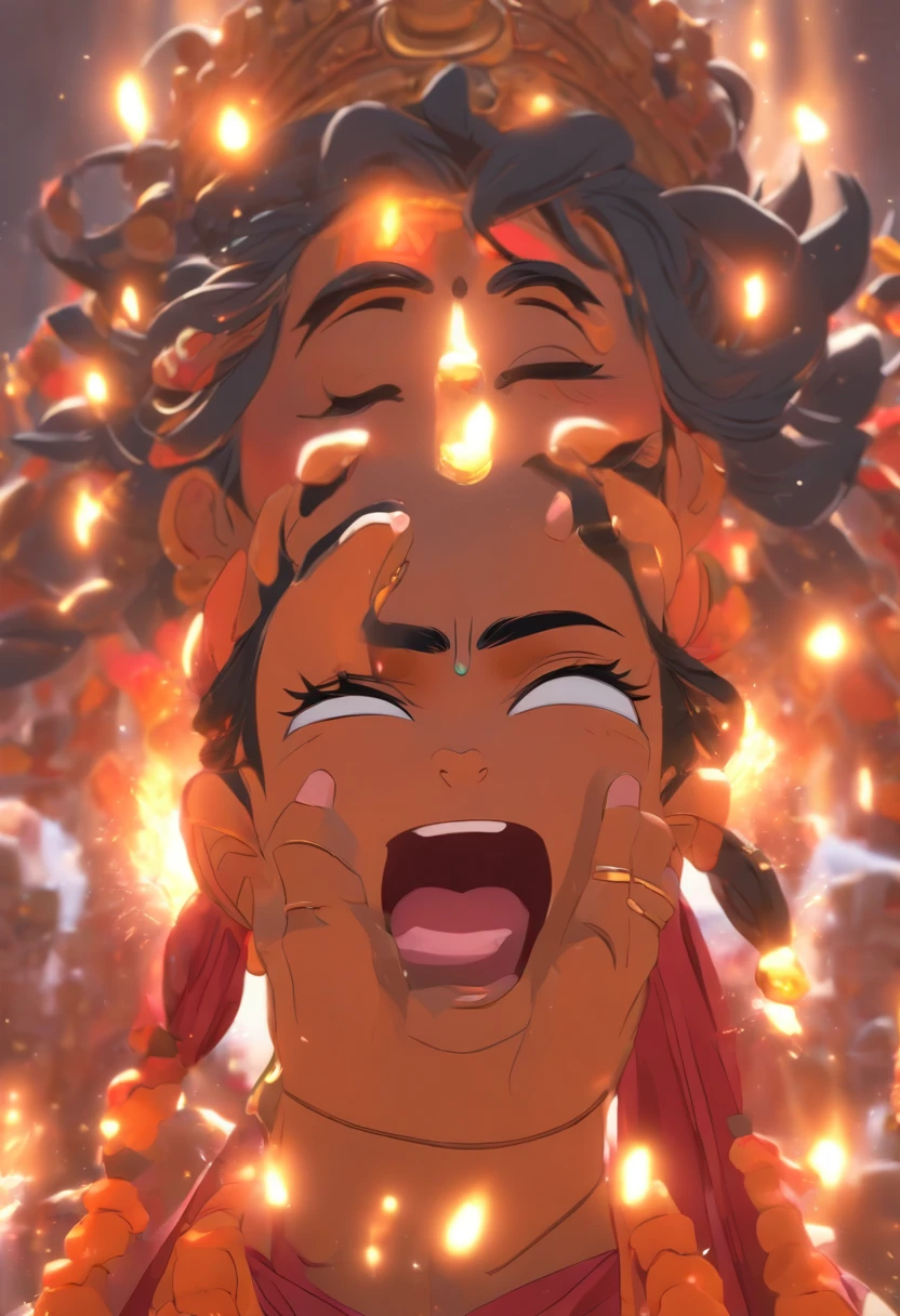 (((Hindu God))) best quality, ultra-high resolution, 4K detailed CG, masterpiece, Parvati, woman, sad, Indian, crying, Hindu mythology, standing, ((crying expression) ) Hindu image , aesthetic, beautiful , centered camera