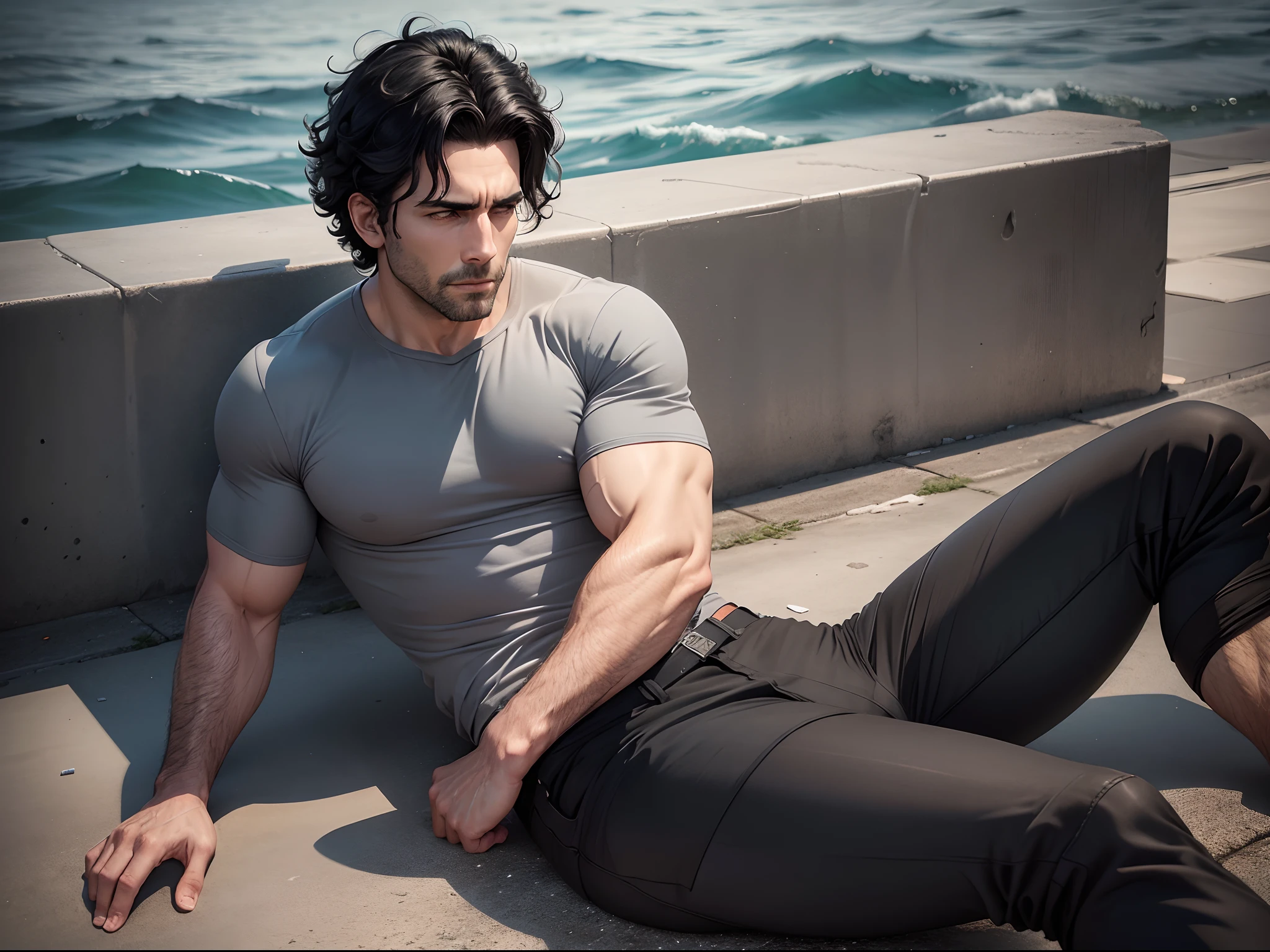 realistic, 8k image of a strong 35 year old man, medium size curly black hair, strong, badly injured, dressed in a gray casual shirt and black pants, lying on the ground of a harbor pier, late afternoon lighting , anime style art