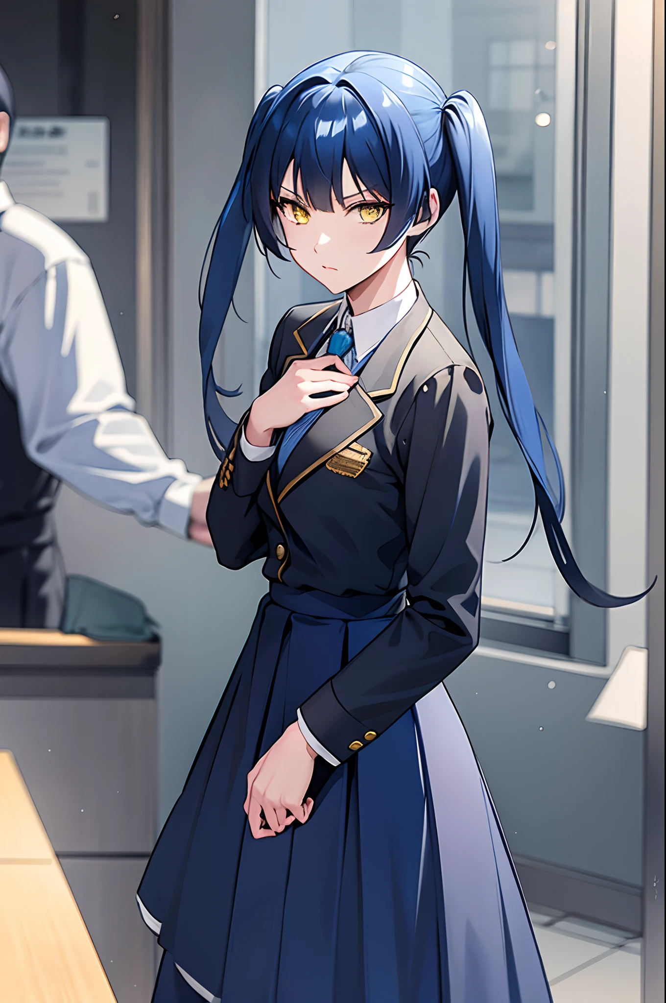 blue hair, yellow eyes, twintails, school uniform, shirt, very long skirt, suit