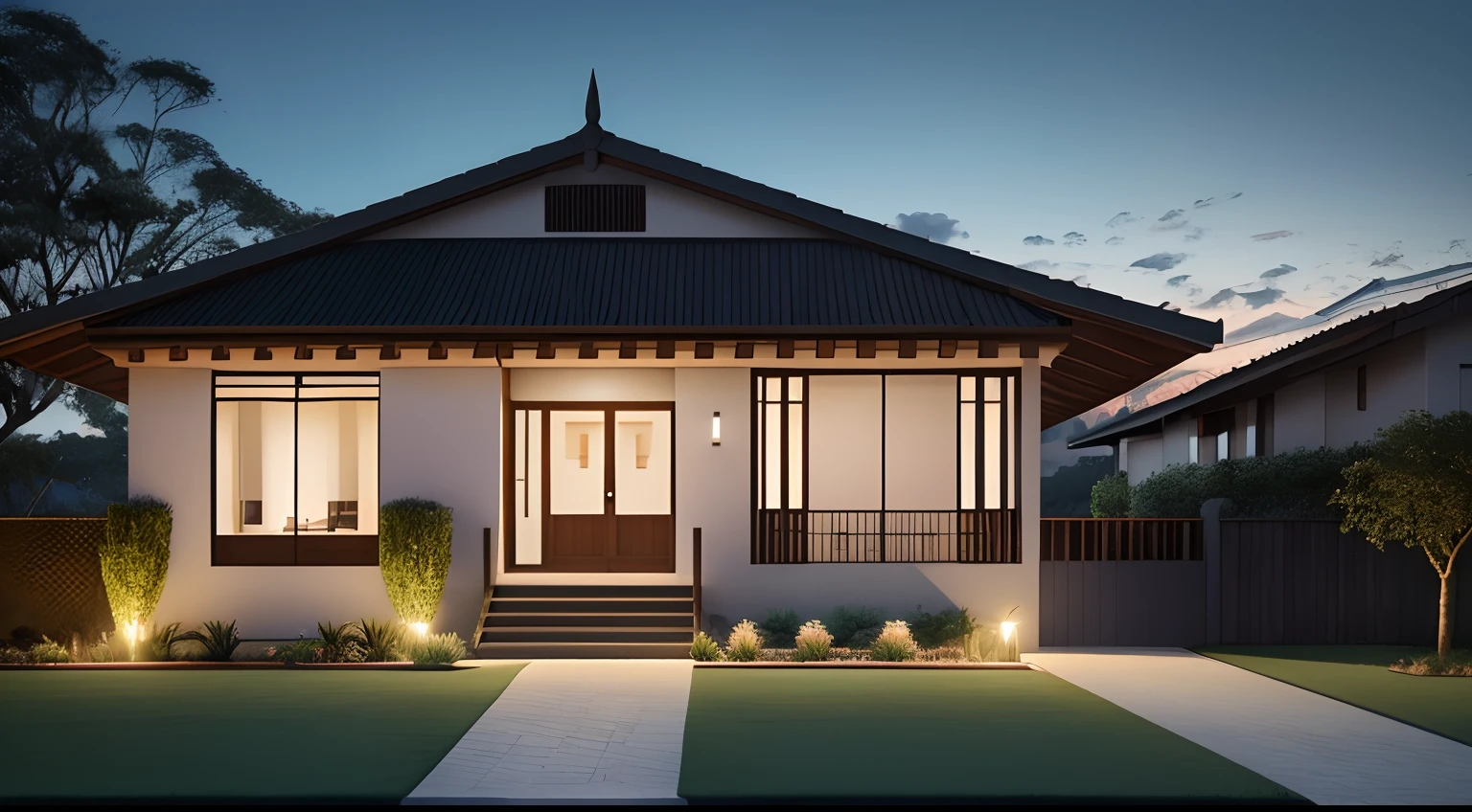 casa grande no campo, Vista externa frontal, (Um andar), ((Estilo moderno)), No meio da floresta, rodeada de campo gramado,muito detalhado, melhor qualidade, muita detalhado,Lumion Pro Rendering, night ligthning, cinematic quality