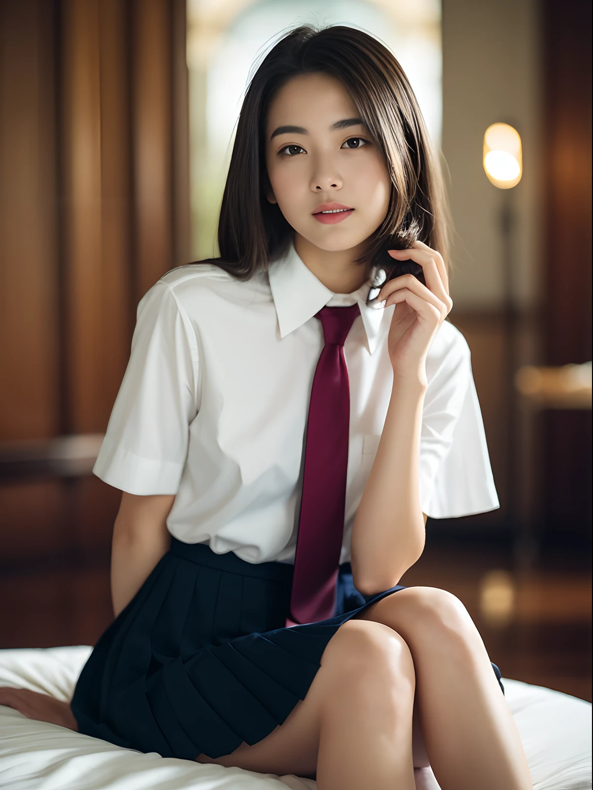 (masutepiece, Best Quality:1.2), 8K, , 85 mm, Official art, (Transcendent Big:1.6), absurderes, White dress shirts, Pretty Face, close up, full body Esbian, violaceaess, gardeniass, Beautiful Girl, School uniform, (Navy pleated skirt:1.1), Cinch West, thighs thighs thighs thighs, Short sleeve, On a hotel bed、Looking at Viewer, No makeup, (Smile:0.4), Film grain, chromatic abberation, Sharp Focus, face lights, clear lighting, Teen, Detailed face, Bokeh background, (dark red necktie:1.1)、Throw out your legs and sit down