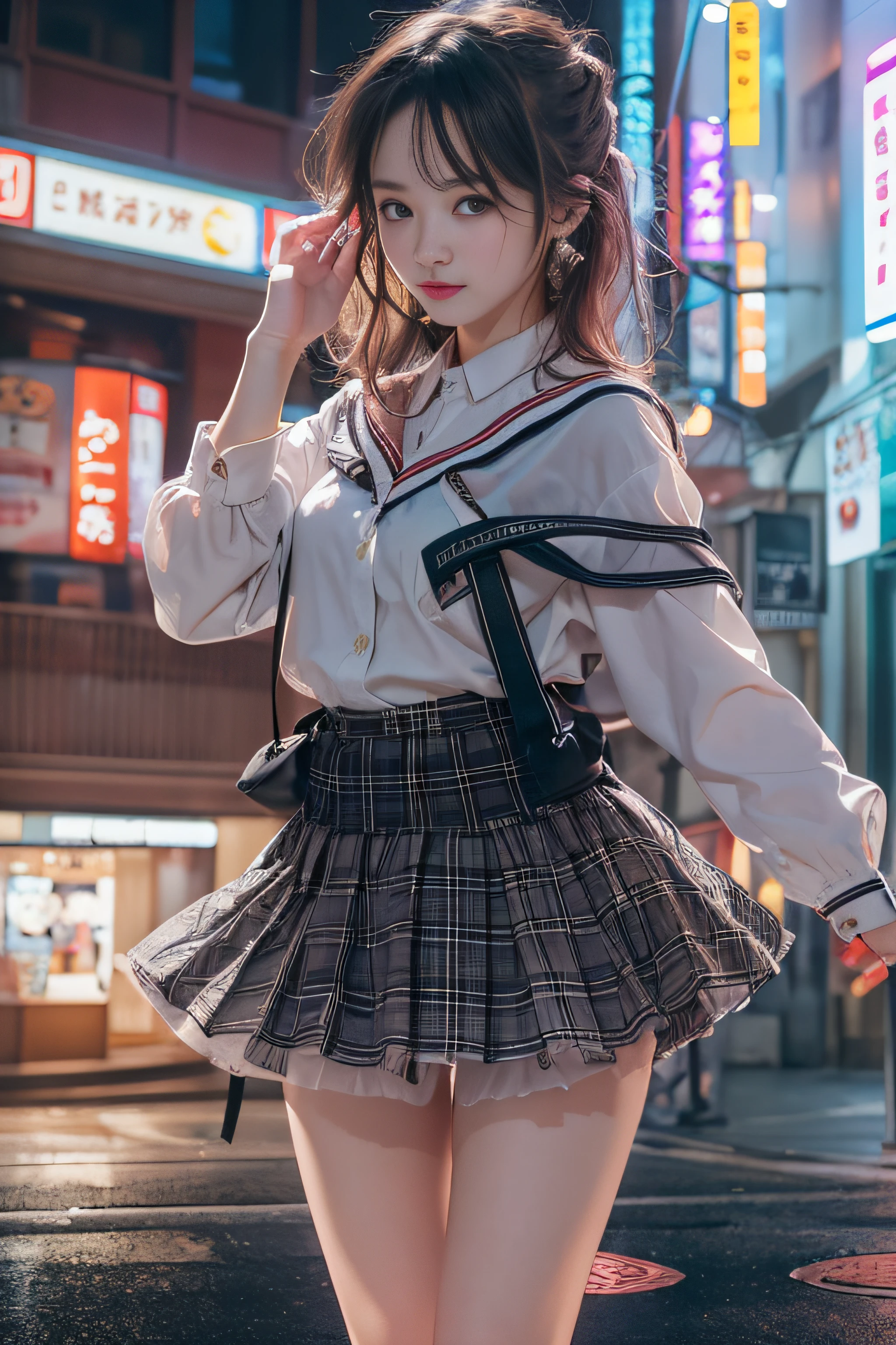 top-quality、hight resolution、ultra-detailliert、masterpiece、Raw photography、realisitic、Photorealsitic、extremely delicate and beautiful、finely detail、1womanl、(Super beautiful)、(beauitful face:1.5)、Clear pubic contours、Squatting、Spread your legs、(white panties:1.4)、(high-school uniform)、(Dark blue pleated skirt)、(Wear black loafers)、(Sidewalk in Shibuya at night)、Neon sign、(At SFW:1.1)