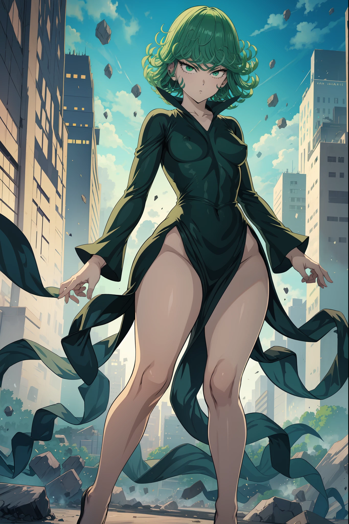 Tatsumaki from one punch man, short green hair, green eyes, Small breast, full body view, wearing fitting V-neck black dress with long sleeves and four high-cut leg slits, smiling, standing in a destroyed city, dynamic pose, dynamic view, hands on hip,