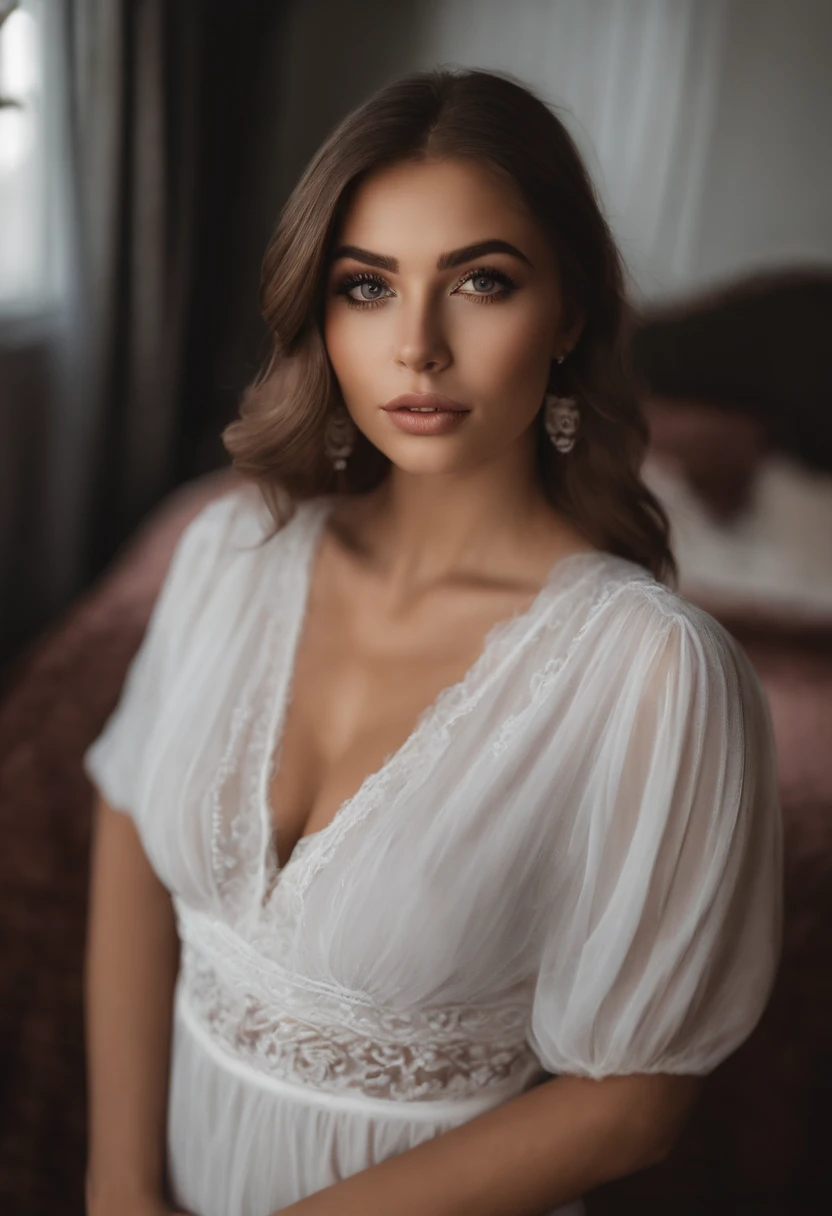 arafed woman fully , sexy girl with brown eyes, ultra realistic, meticulously detailed, portrait sophie mudd, brown hair and large eyes, selfie of a young woman, dubai eyes, violet myers, without makeup, natural makeup, looking directly at the camera, face with artgram, subtle makeup, stunning full body shot kneeling on bed, in bedroom, medium to large size bust
