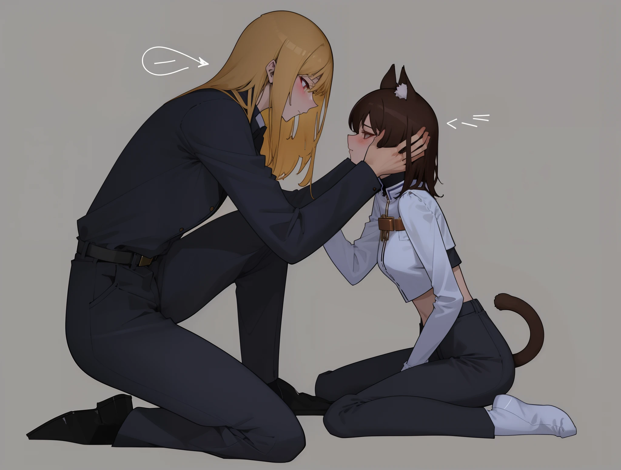 Anime - illustration in the style of a woman, kneeling and touching the cat's muzzle, oc commission, commission for high res, (SFW) safe for work, high quality fanart, commission, commission for, fullbody commission for, commission art, furaffinity commission, rpg game, Author: Shingei, Wip, furaffinity commission, From Cryptid Academia