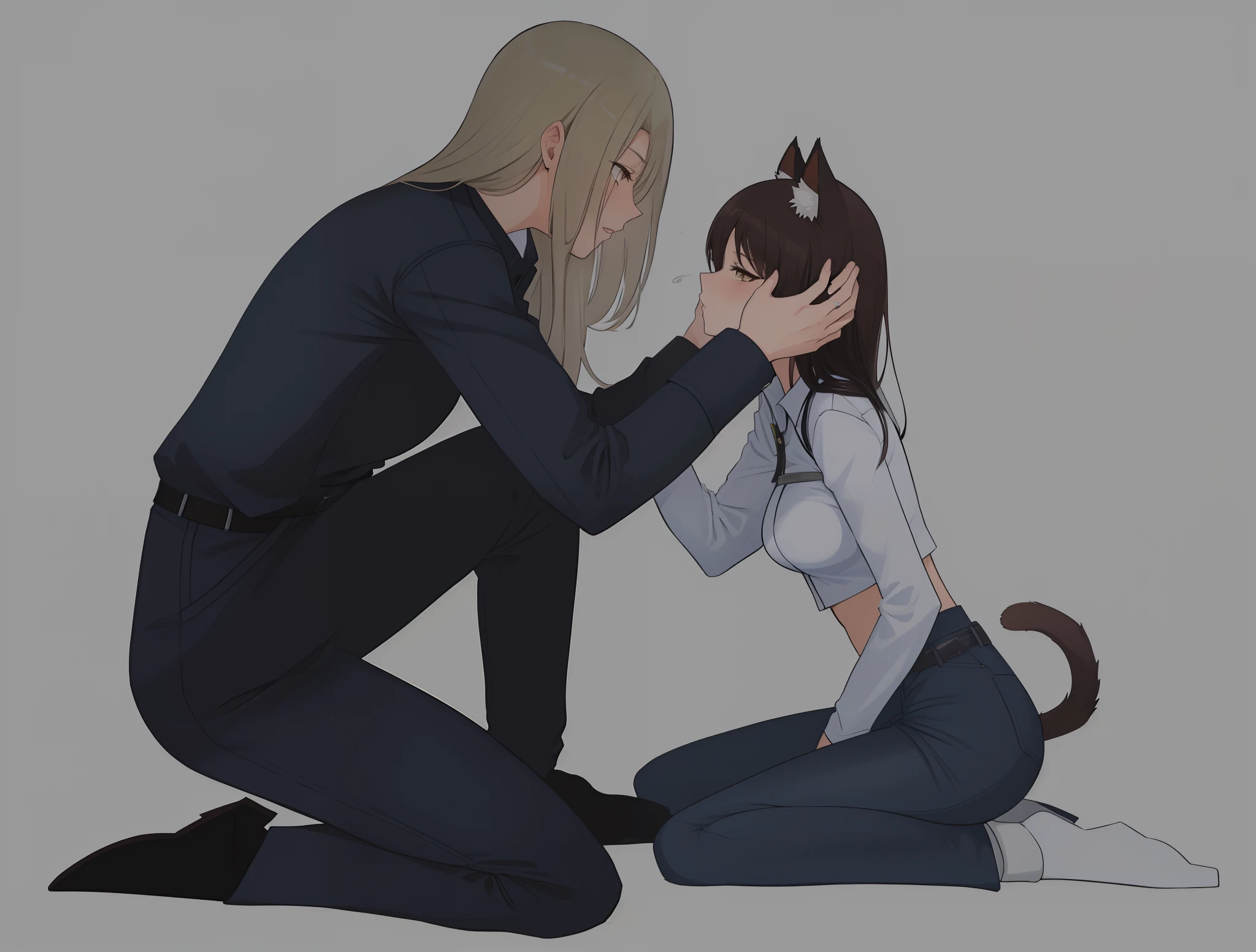 Anime - illustration in the style of a woman, kneeling and touching the cat's muzzle, oc commission, commission for high res, (SFW) safe for work, high quality fanart, commission, commission for, fullbody commission for, commission art, furaffinity commission, rpg game, Author: Shingei, Wip, furaffinity commission, Role