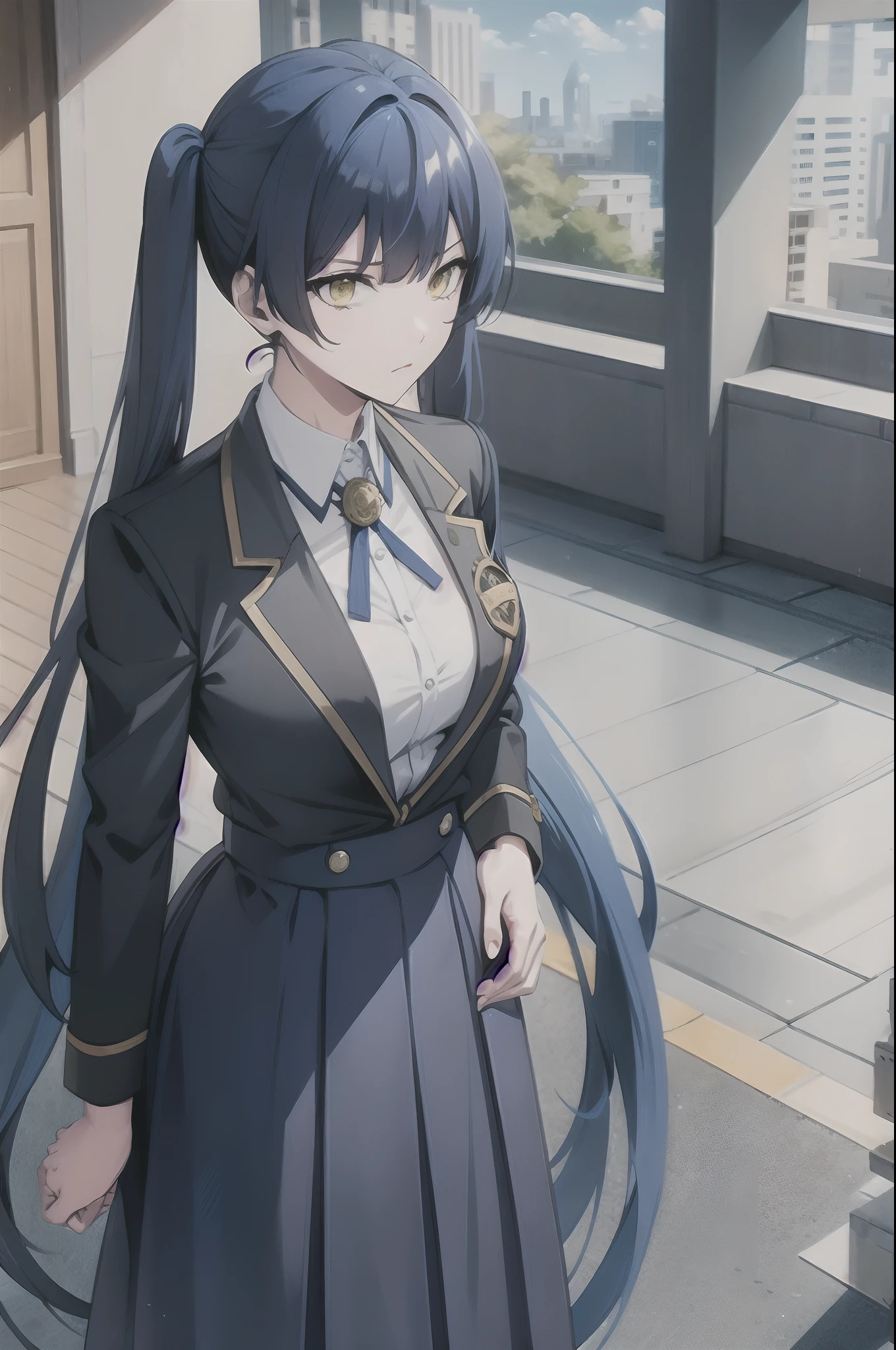 blue hair, yellow eyes, twintails, school uniform, shirt, very long skirt, suit