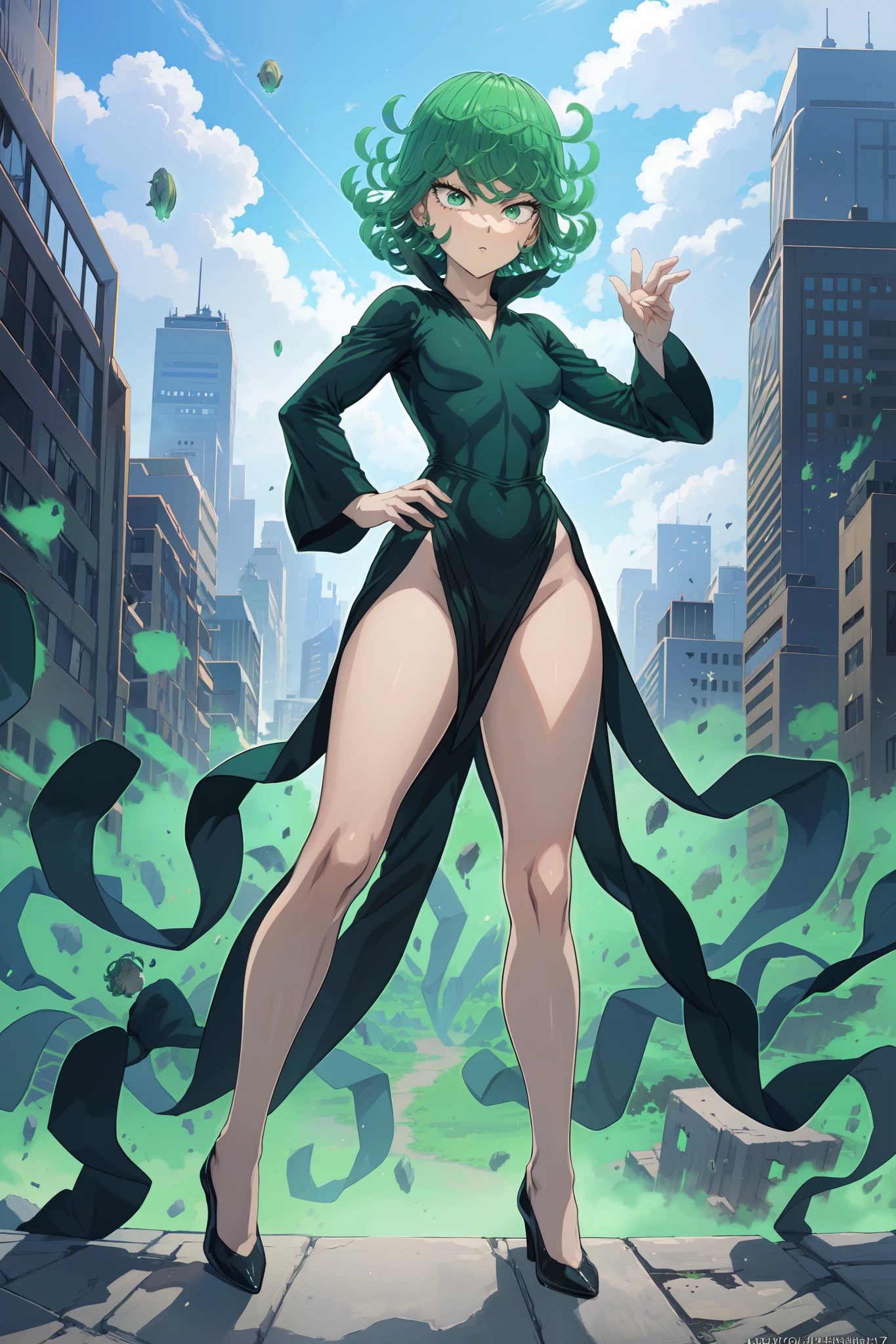 Tatsumaki from one punch man, short green hair, green eyes, Small breast, full body view, wearing fitting V-neck black dress with long sleeves and four high-cut leg slits, smiling, standing in a destroyed city, dynamic pose, dynamic view, hands on hip,