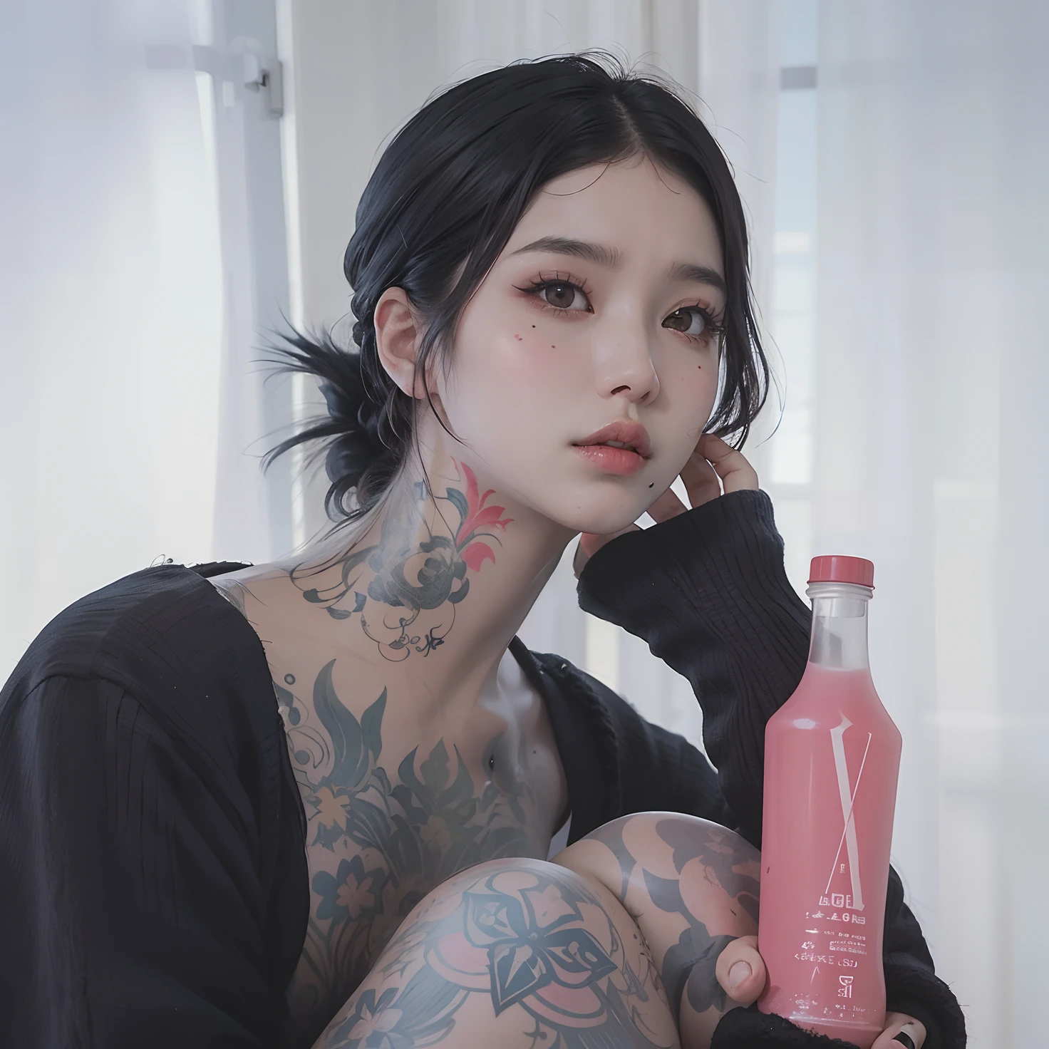 mulher arafed com tatuagens segurando uma garrafa de suco, de menina taiwanesa com tatuagens, inspirado em Yanjun Cheng, menina coreana, Ulzzang, 🤤 retrato da menina, Mulher sul-coreana bonita, yakuza menina magra, Estilo de tatuagem, Coberto, Mulher coreana, cruel korean goth girl, Aesthetic portraiture, hyper realism aesthetic, Tatuado, Directed by: Russell Dongjun Lu, por Yang J