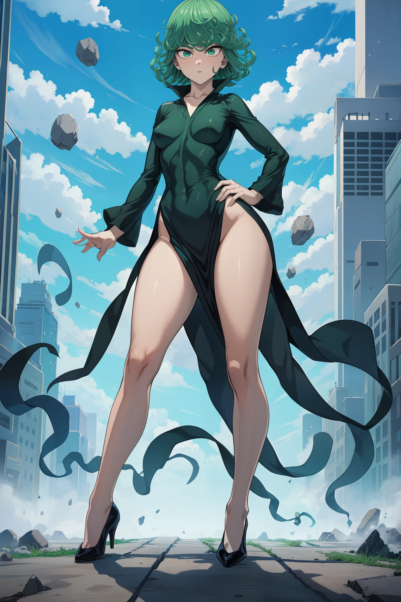 Tatsumaki from one punch man, short green hair, green eyes, Small breast, full body view, wearing fitting V-neck black dress with long sleeves and four high-cut leg slits, smiling, standing in a destroyed city, dynamic pose, dynamic view, hands on hip,