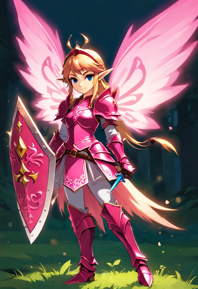 Fairy Knight, pink-red knight armor and helm and sword, masterpiece, best quality