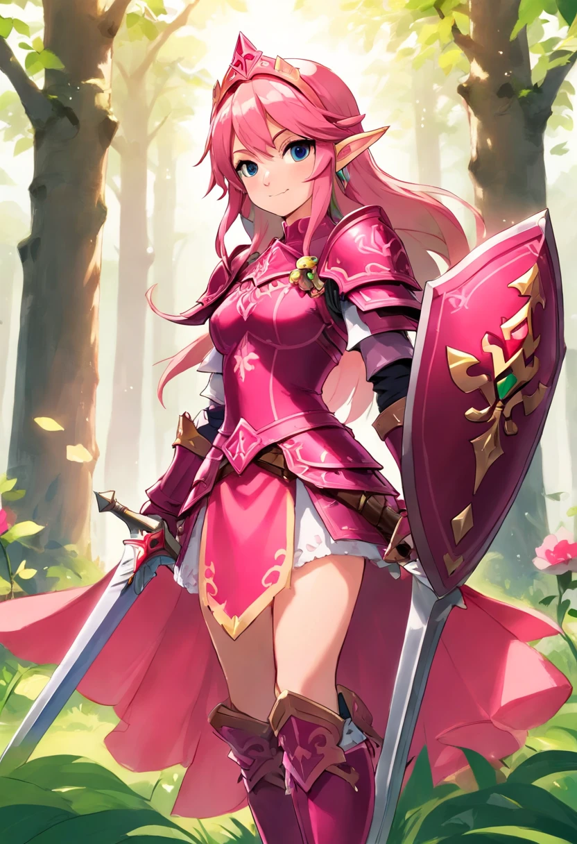 Fairy Knight, pink-red knight armor and helm and sword, masterpiece, best quality