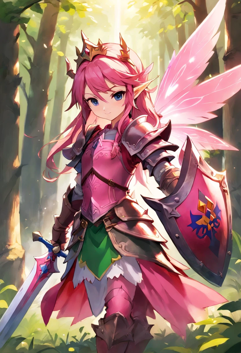 Fairy Knight, pink-red knight armor and helm and sword, masterpiece, best quality