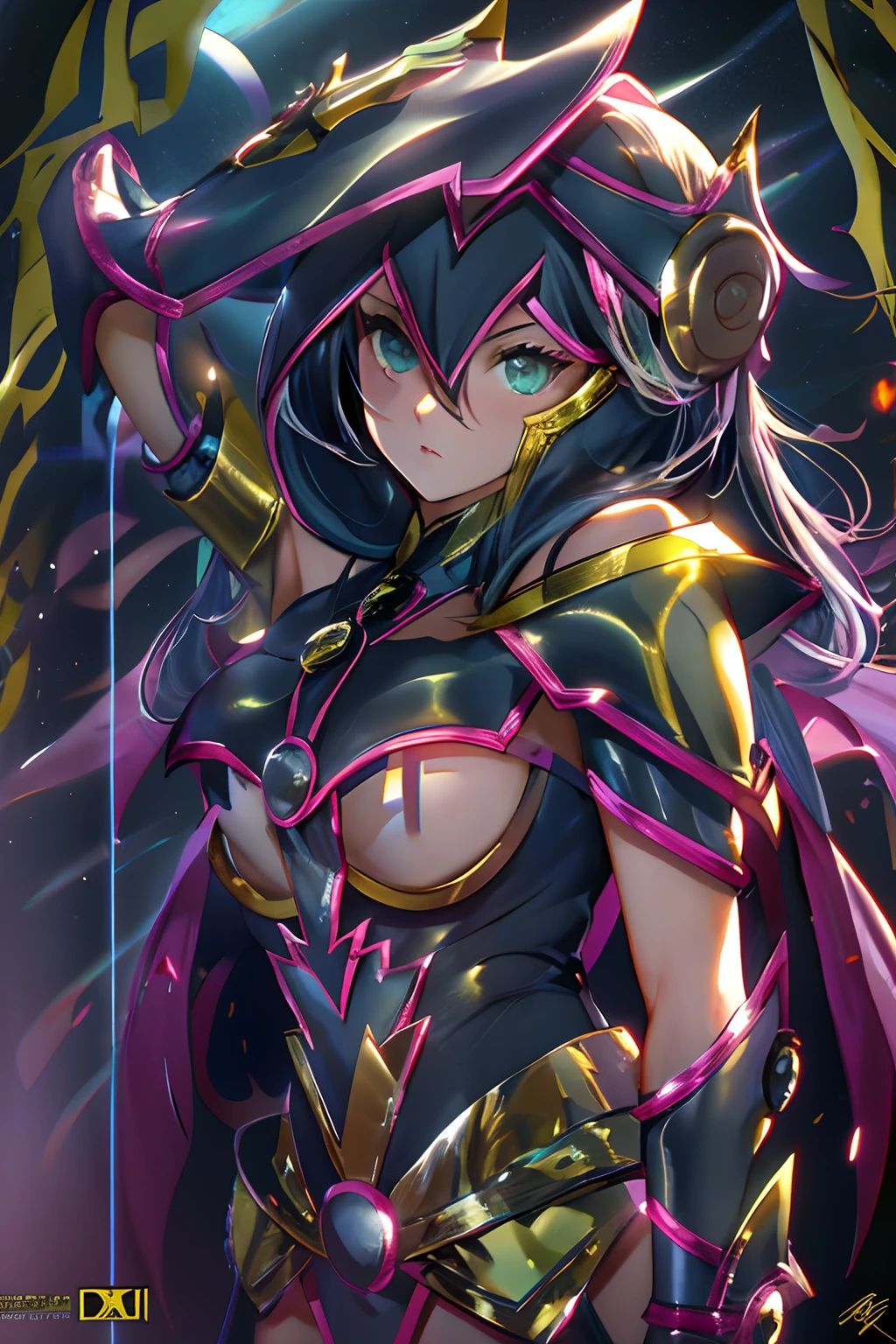 Dark magician girl cuerpo completo,Ultra-high saturation,(tmasterpiece), foto de cuerpo completo,(mejor calidad), (1girll chica maga oscura), Starryskybackground,Usando armadura dorada brillante, Sexy lingerie armor,Exponga su pecho,pechos desnudos, Exponer la cintura,Exponer los muslos,moslos desnudos, pose sensual desnuda,Armadura Saint Seiya, cabello desordenado,Alto detalle, Anime style, cinematic lighting, destellar, Luz de Dios, Trazado de rayos, movie grain, hiper HD, textura piel, Super details, Anatomically correct, A high resolution,Ultra-high saturation,alto contraste,Armadura de alto brillo,piel suave,Expresiones serias,dim room,