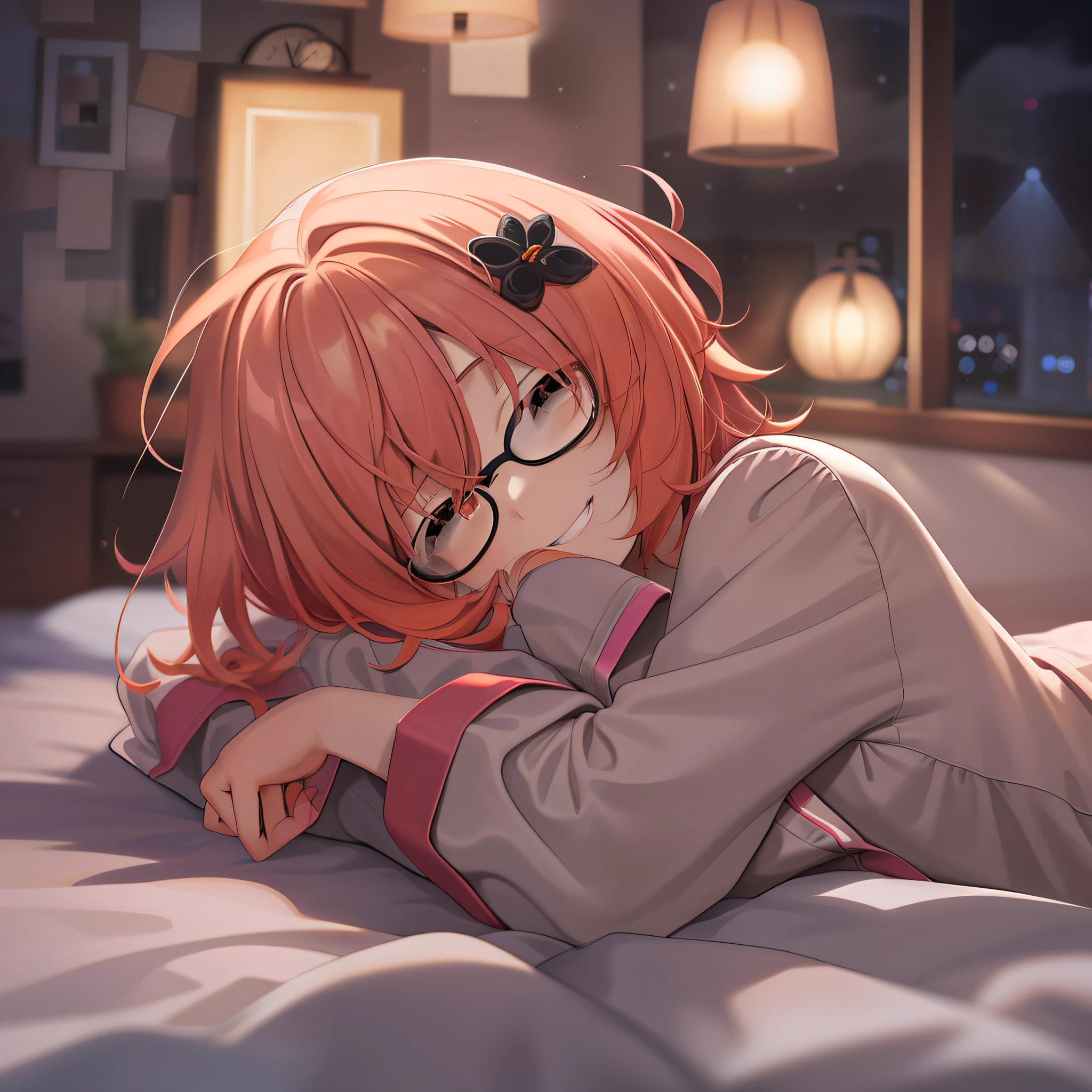 Best Quality, master piece, 1girl in, Solo, black-framed eyewear, pink orange hair, Brown eyes, Short_bobhair_hair, Flat_Chest, grin, pajamas, laying down on the bed, sleepy, (Night:1.5),