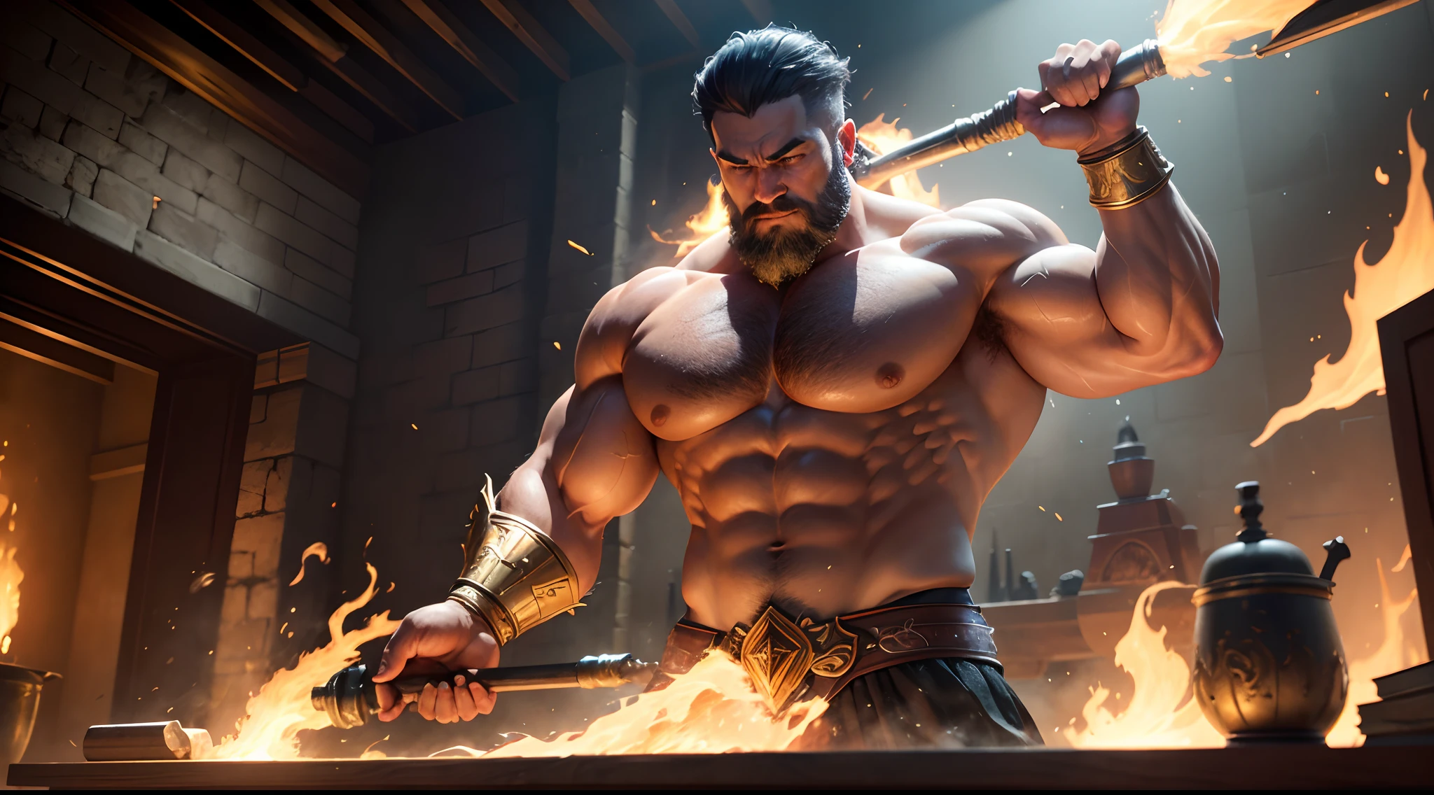 best quality,4k,8k,highres,masterpiece:1.2,ultra-detailed,realistic:1.37,a powerful god,hephaestus,a majestic forge,glowing embers,warm golden light,sparks flying,an intricate anvil,a massive hammer,forging divine weapons for the gods,intense focus,strong muscular arms,sweat glistening on his forehead,a godly workshop,forging thunderbolts and lightning,the sound of pounding metal,resonating throughout the heavens,smoke rising from the furnace,creating an ethereal atmosphere,magnificent craftsmanship,exquisite metalwork,engraved with divine symbols,decorated with precious gemstones,awe-inspiring creations,shaping the destiny of the gods,imbued with the power of the heavens,a divine artistry,proudly displaying his masterpieces,admired by the gods and mortals alike.