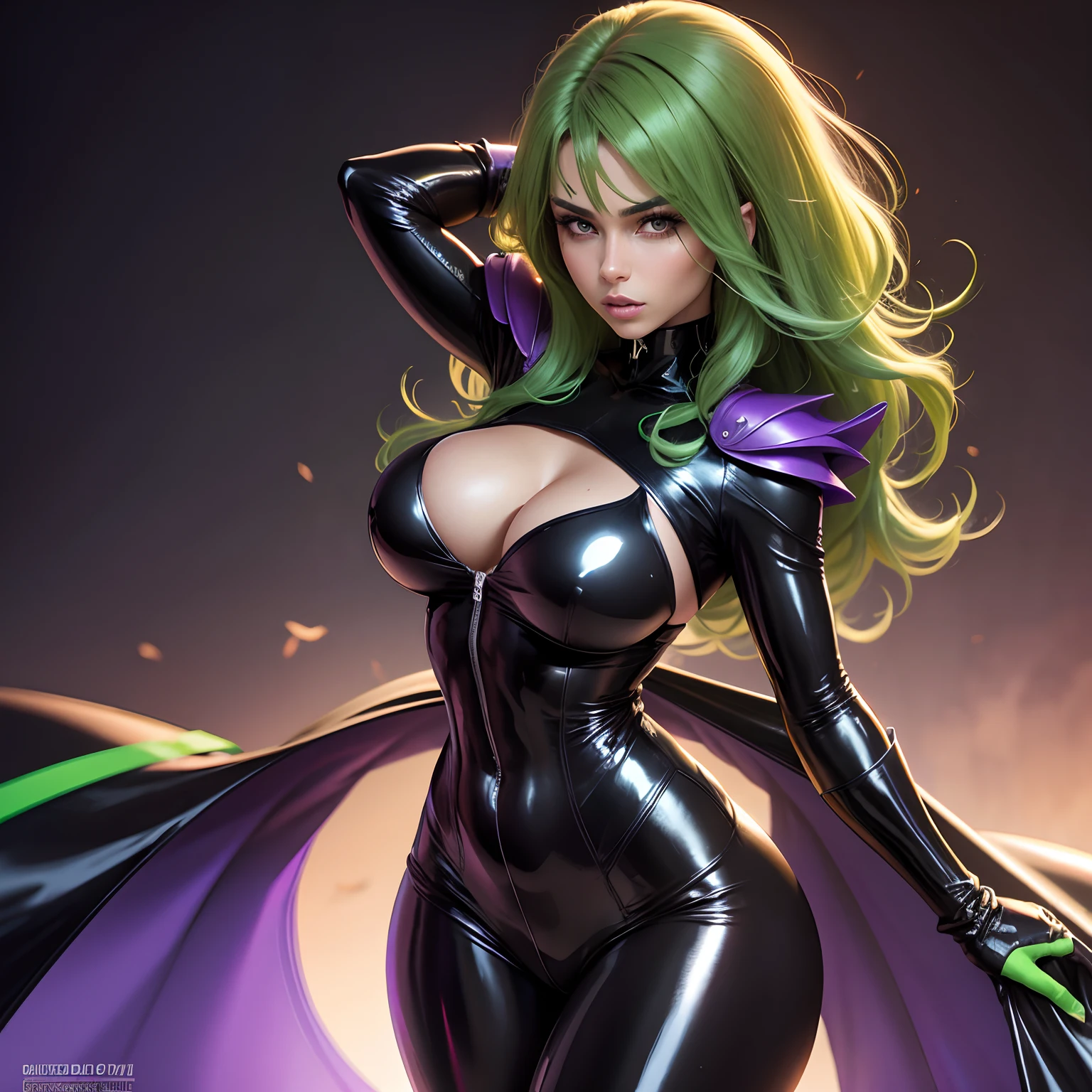 Mulher forte. Cabelos negros. Olhos verdes. Body covered in black latex costume and purple details. Super Heroine Profile