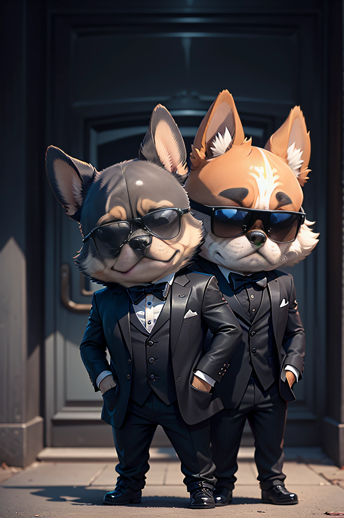 Movie(The Blues Brothers)Standing Pitch black suit、Pitch black tie、Pure black sunglasses、Cartoon of a pair of men looking at us in a pure white shirt、anthropomorphic dog2bolt(French Bulldog and Doberman)
