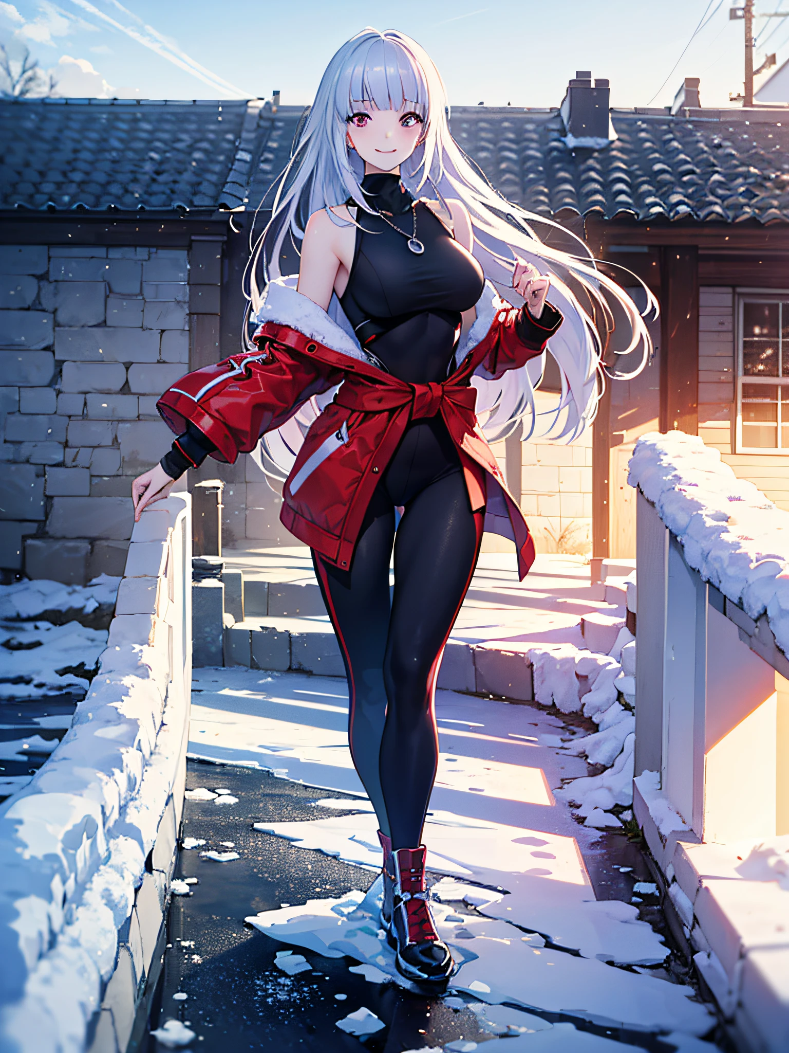 Kula Diamond of The King of Fighters, Kula Diamond with her hair moving, ice skiffs all over the back ground, snowflakes falling, reddish eyes, smile, win pose, medium breasts, fitness body, full body, (ultra-realistic), {paper extremely detailed 8k CG unit wall image}, expansive landscape photography, (a low view with focus on the character and setting), (wide view of open field), (low angle shot), (high light: 1.5 ), (low light: 1.0), (warm light source: 1.2), complex details, (iridescent colors: 1.4), (bright lighting), (atmospheric lighting), Dreamy, badass, The King Of fighter 2001