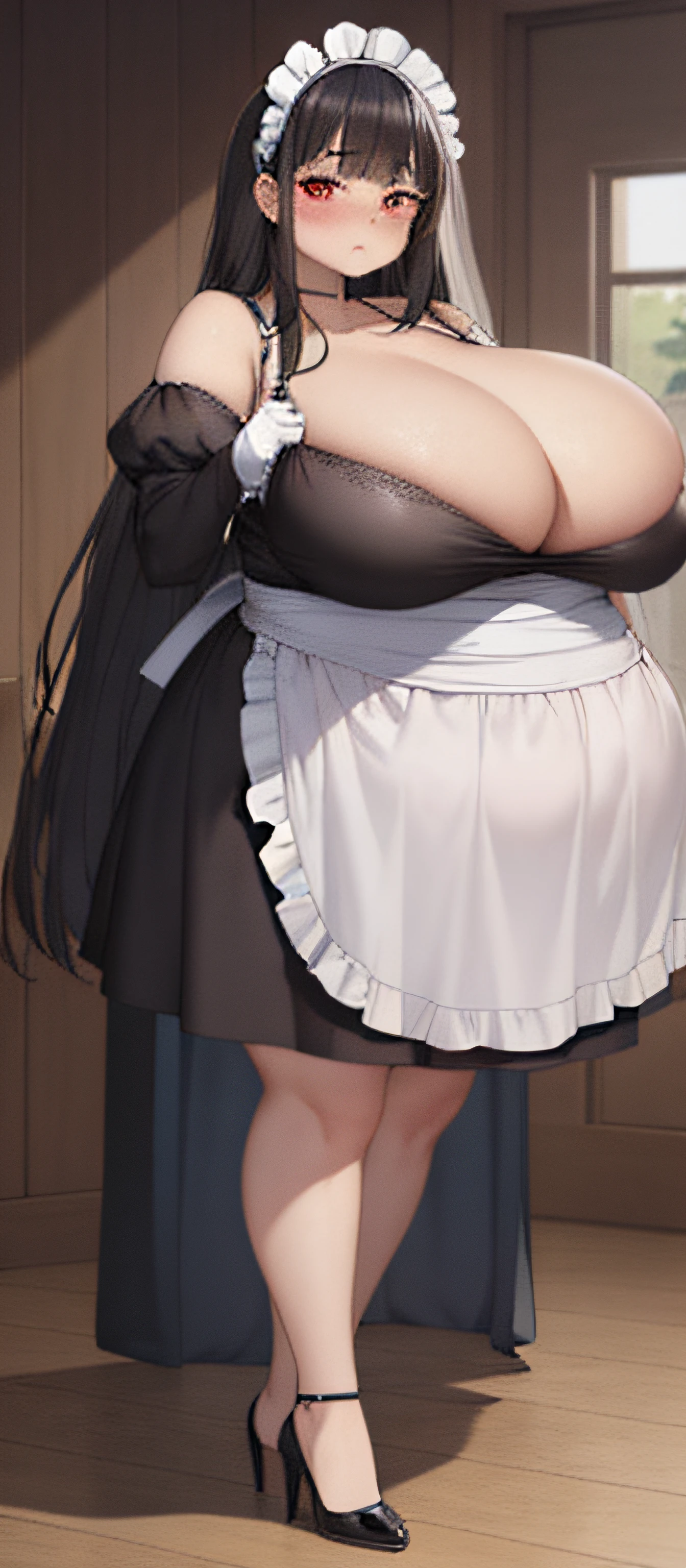 realistic, 1girl, black hair, very long hair, wear bride veil, straight hair, blunt bangs, (red eyes), (glowing eyes), blush, ((((white maid dress, fully clothed)))), ((big breast)), maid headband, white hand gloves, high heels, ribbon, night, indoor, staring at viewer, lipstick, closed mouth, bare foot, sfw, very big breast, [big belly], covered belly, thicc girl, standing, fat girl, obese girl