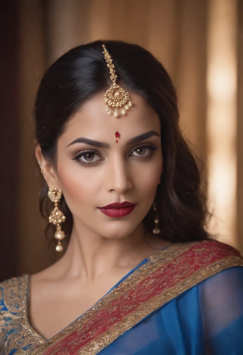 40 year old, Beautiful, Indian Princess, dressed in delicate intricate Blue silk sarong,  Make-up, Full lips, gold jewelry with small red rubbies