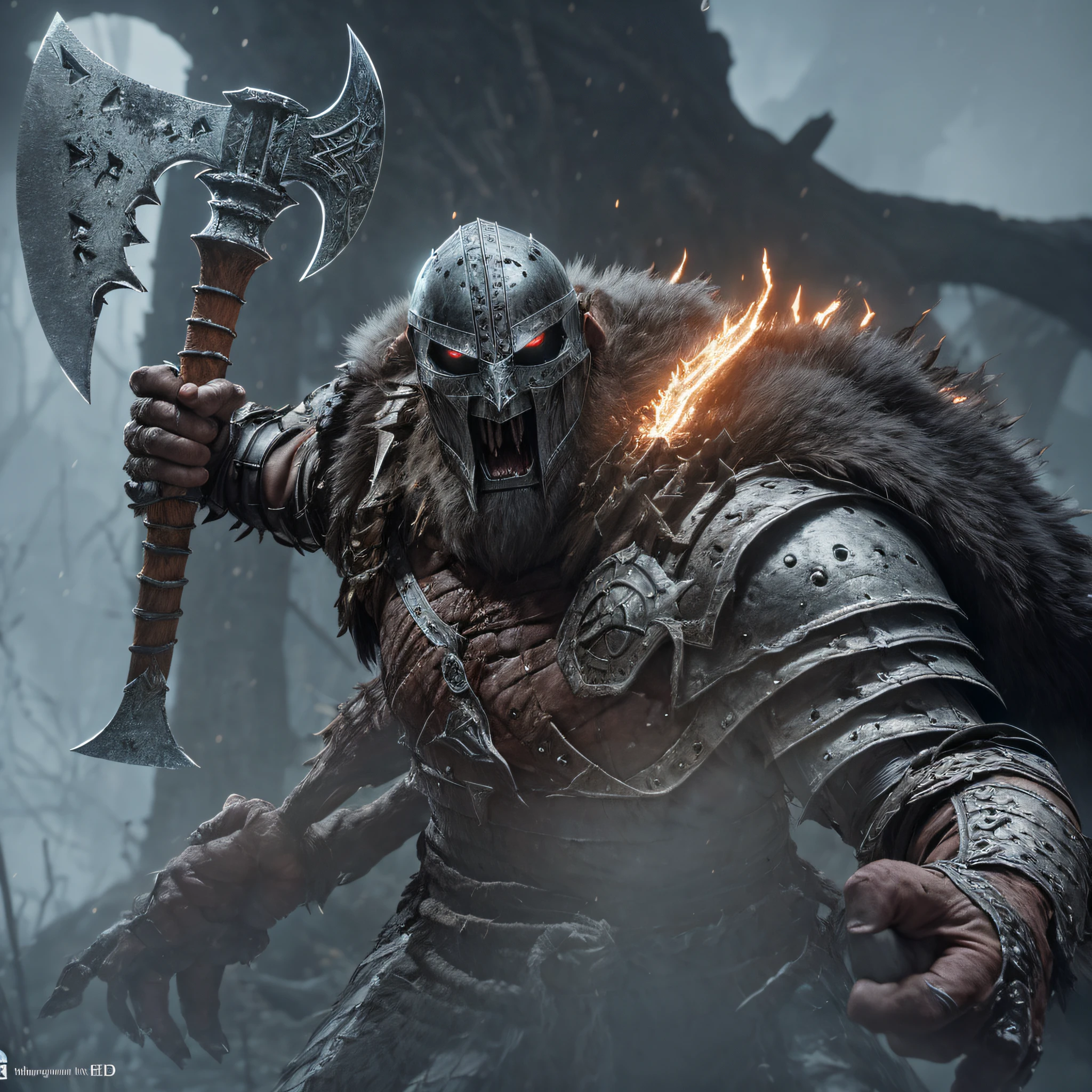 a close up of berserker with a large axe in their hand,  shouting, dark souls knight, small character. unreal engine 5, viking and templar aesthetics, elden ring cinematic lighting, unreal engine character art, the dark souls knight, unreal engine fantasy art, unreal engine 5 highly rendered, unreal engine 5 render dramatic, color gradient