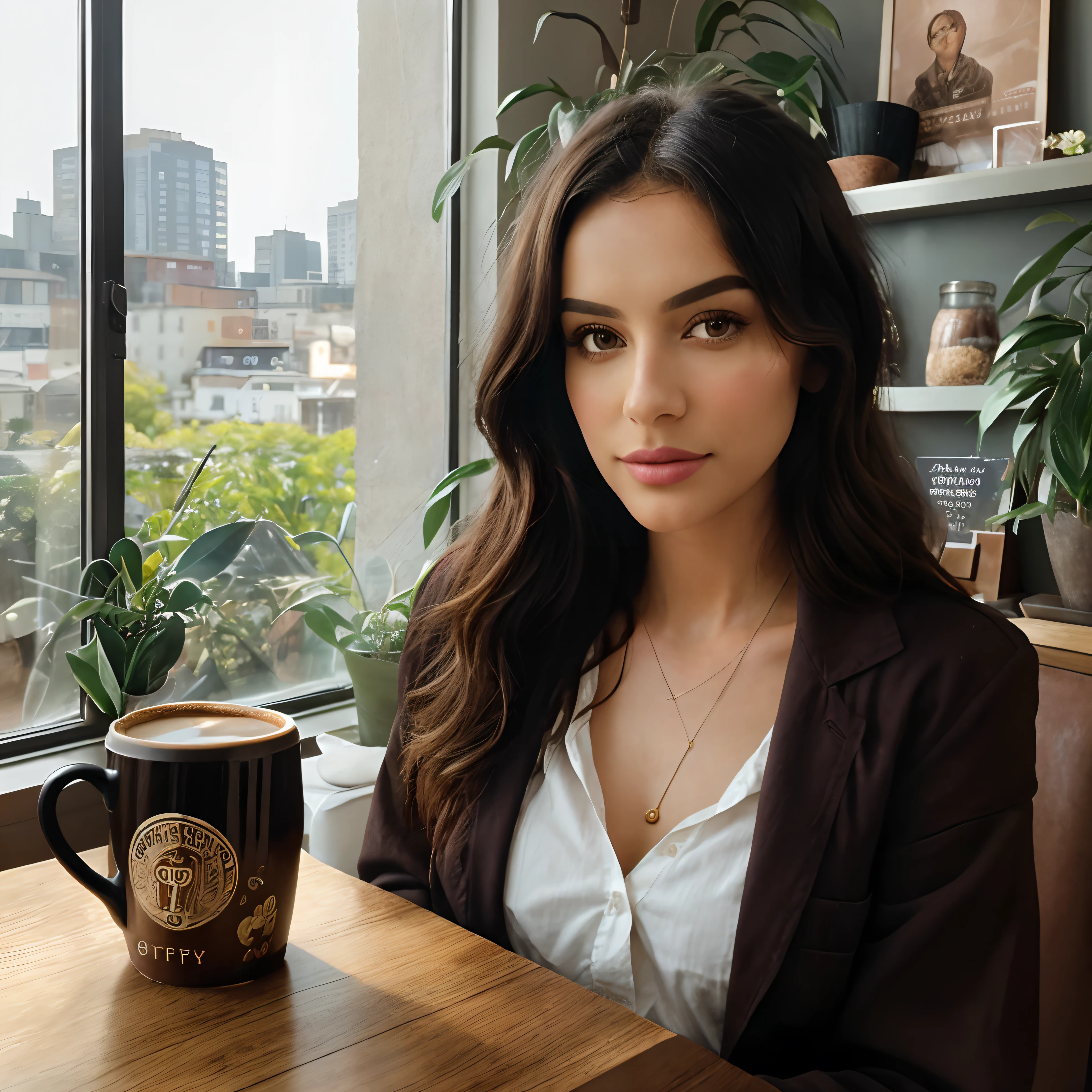 (best quality,4k,8k,highres,masterpiece:1.2),ultra-detailed,(realistic,photorealistic,photo-realistic:1.37),portrait,painting,coffee shop,woman,sitting at a table,posing for photo,stylish,holding a cup of coffee,wearing a trendy outfit,glamorous makeup,beautiful eyes,dark hair styled in loose waves,vibrant colors,soft natural lighting,bokeh,cozy atmosphere,wooden table,floral patterned tablecloth,artistic coffee cup,morning sunlight streaming through the window,soft shadows,bookshelf filled with vintage books,barista in the background espresso machine,hanging plants,artistic wall decor,coffee aroma filling the air,relaxing music playing in the background,bokeh lights in the distance,Instagram-worthy moment,city outside the window,quiet and peaceful ambiance,stylish and modern interior design