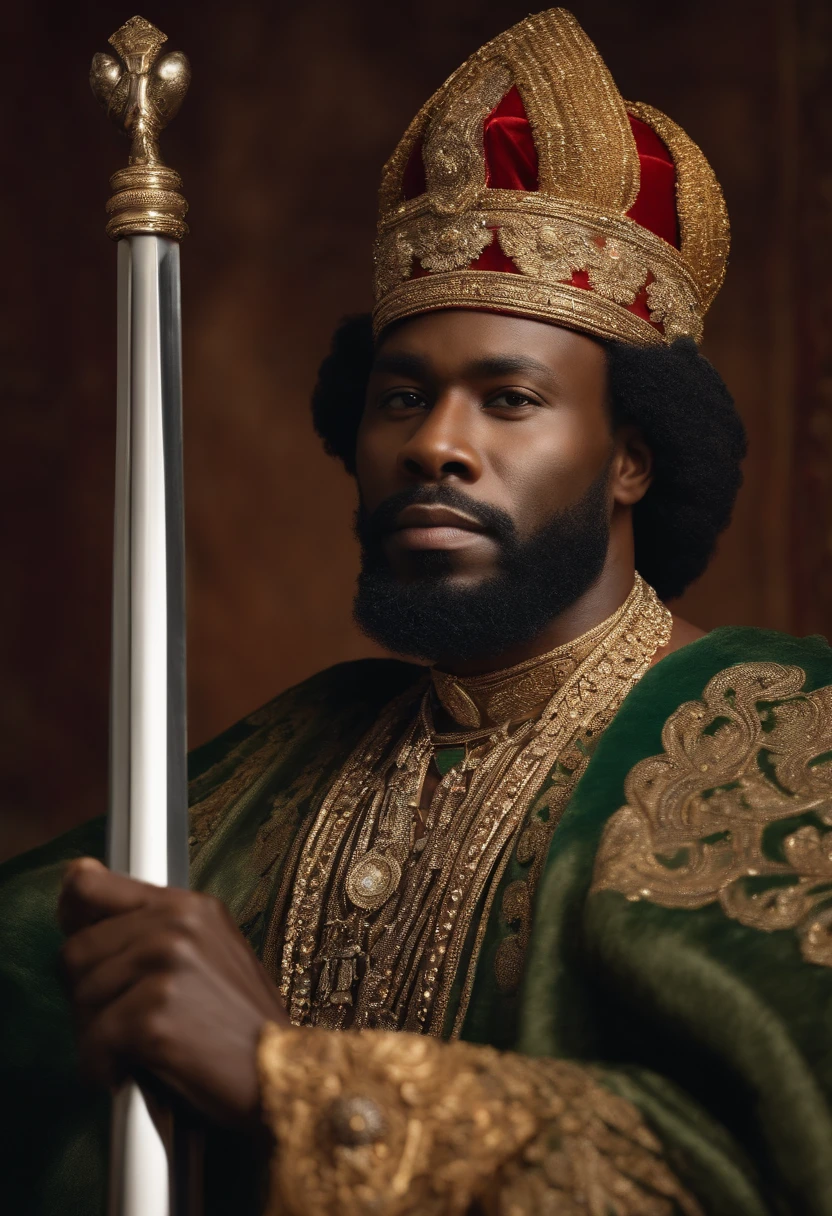 Haitian king,detailed portrait,royal attire,gold crown,beard,regal expression,deep-set eyes,proud and dignified,exquisite facial features,dark skin,majestic stance,vivid colors,traditional background,rich cultural symbolism,inspired by Haitian folklore,inspiring leadership,graceful elegance,traditional art medium,impressive brushwork,realistic texture,stunning visual impact,(best quality,4k,8k,highres,masterpiece:1.2),ultra-detailed,photorealistic,HDR lighting,sharp focus,physically-based rendering,Haitian heritage,proud and powerful ruler,charismatic presence,strong and confident demeanor,decorative embellishments,a symbol of strength and resilience,faithful representation of historical figure.
Character details reference:https://images.unsplash.com/photo-1529815317592-de8d925be3b4