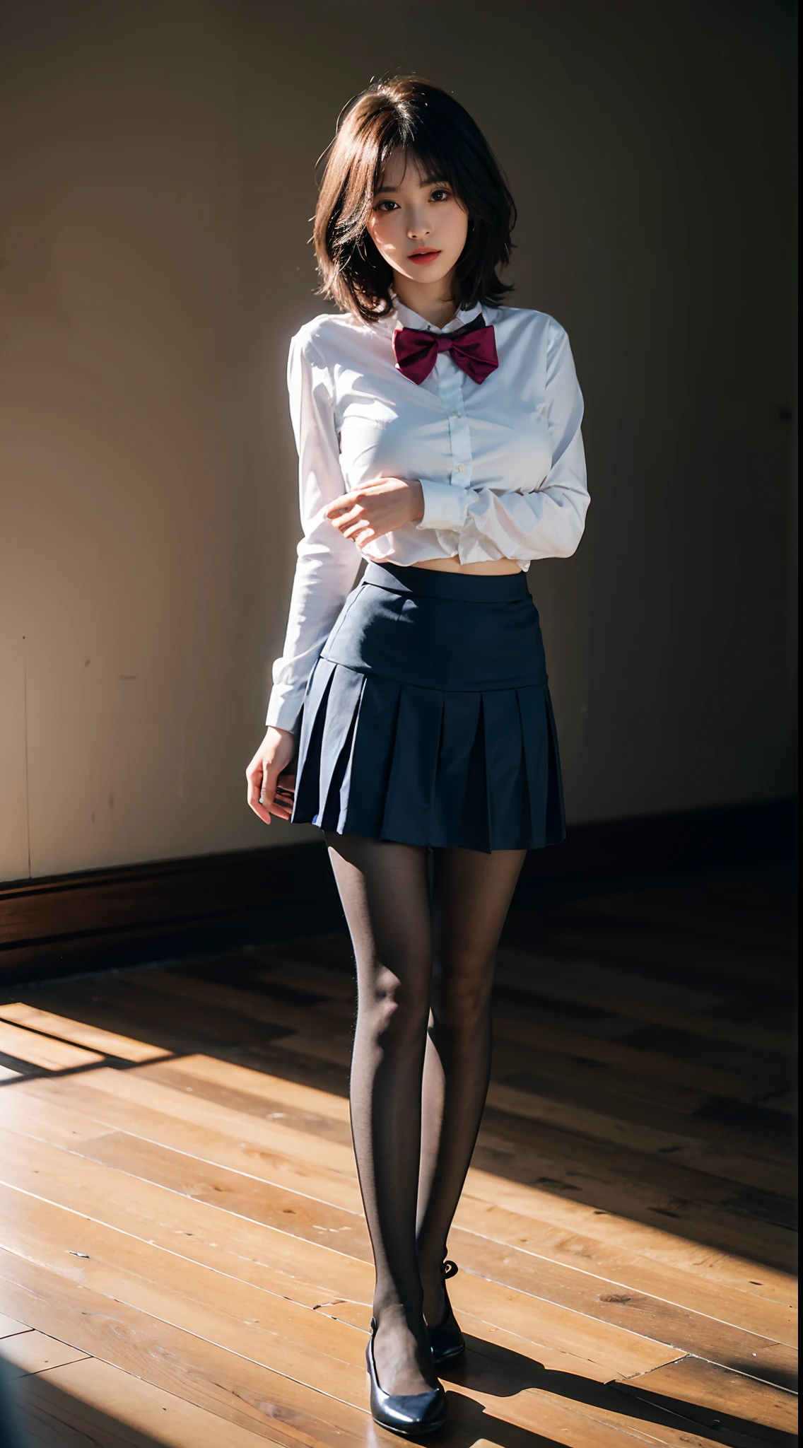 hight resolution、high-level image quality、in 8K、Raw photography、top-quality、masterpiece、masutepiece、Erotic、Pupils、Light Blue Bra,de pele branca,kne,(Flesh-colored pantyhose),Detailed panty patterns、panties focus、pink color panties、absurderes,a small face、huge-breasted、Parting the bangs from the middle、Forehead visible,(a cold expression<Tight eyes,glares,Bullish,Thin anger)、masterpiece,top-quality、超A high resolution,Raw photo,ren,Beautiful fece,One Person, 独奏,Dark look,Small breasts,fullllbody、Very nice、JK school uniform,hi-school girl,A Japanese Lady,is standing,(Photorealsitic:1.37)、Photon mapping,Light blue ribbon,Realistic、Cute little face,Brown-eyed、Black socks、22year old、(Red bow tie)、Radio City、Physically Based Rendering、Foreground、depth of fields、Blurry background、a picture,The girls、Body,beauty legs, Long legs, Thin leg,Long bob cut,(Bangs are visible), hair, s lips, Blue_The eye, nosesoft,(Light blue shirt), (Navy pleated skirt), Knees are visible,Sheer clothing,, Thigh, Black cotton socks,Nogizaka Idol, 女優, Japanese ido、Sparkling eyes、shiny lip、nude, topless, Big boobs, pussy show